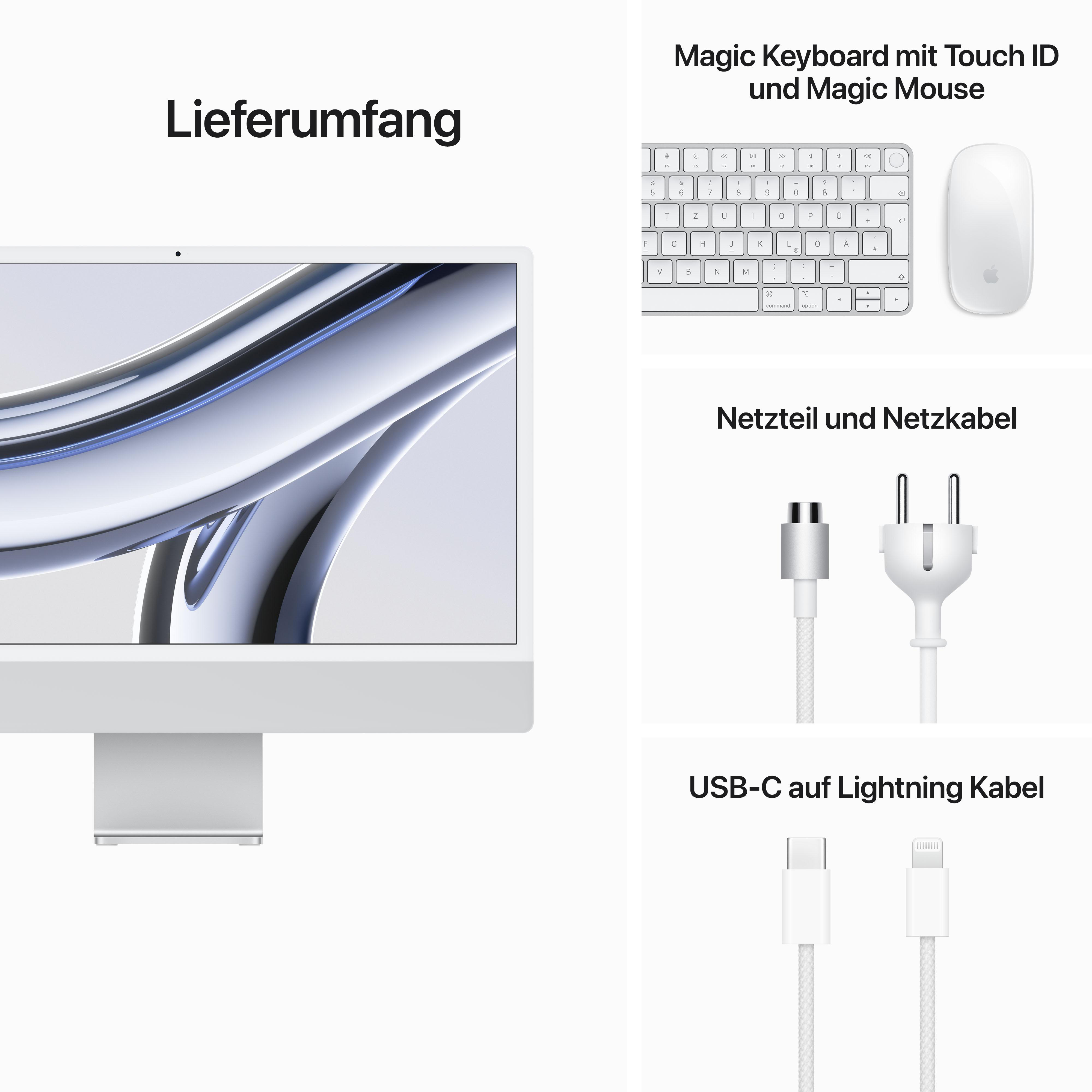 Ein weißer iMac mit Zubehör: Tastatur, Maus, Netzkabel und USB-C-Kabel.