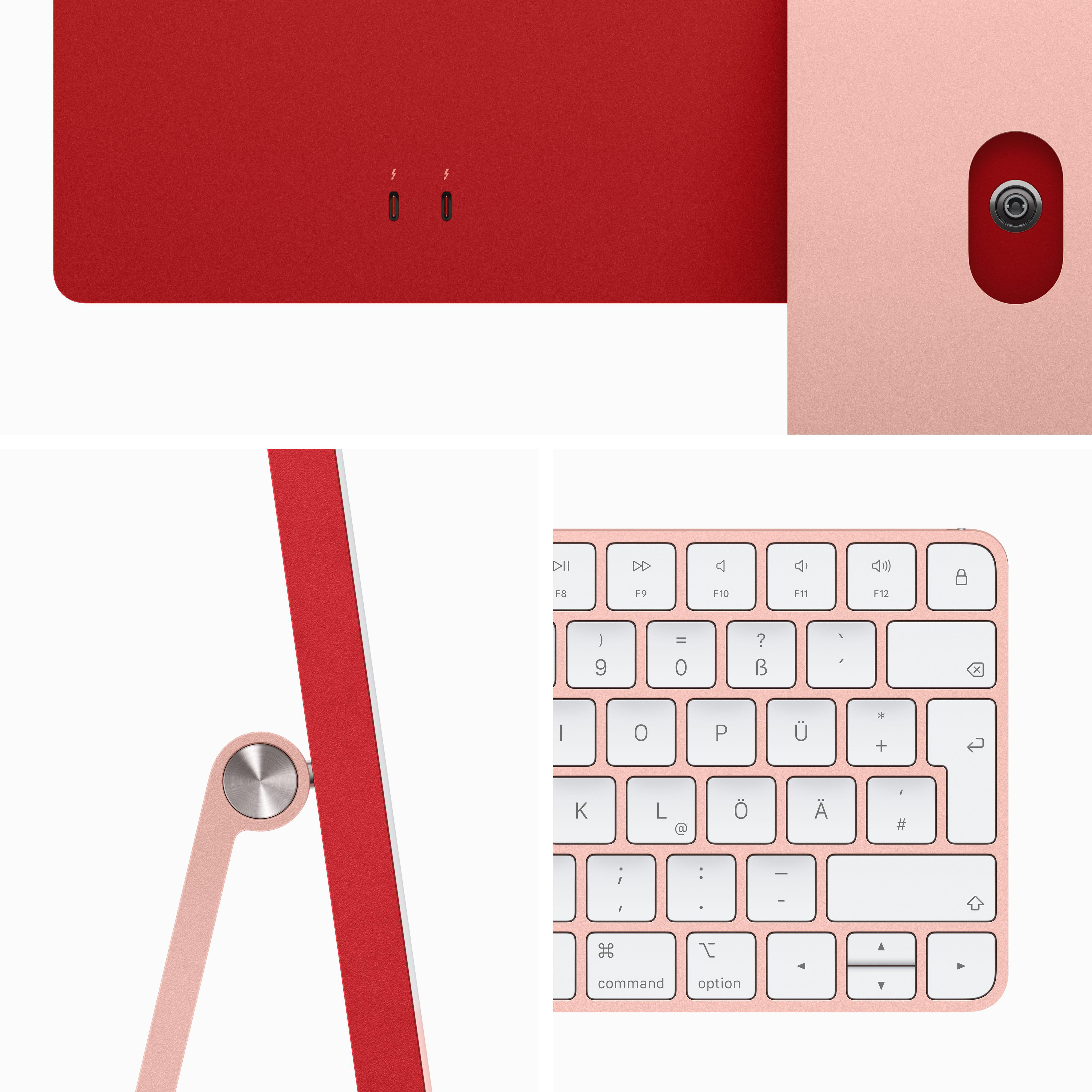 Nahaufnahme von Apple iMac-Komponenten, einschließlich roter Rückseite, rosa Tastatur und Anschlüssen. Modernes Design.