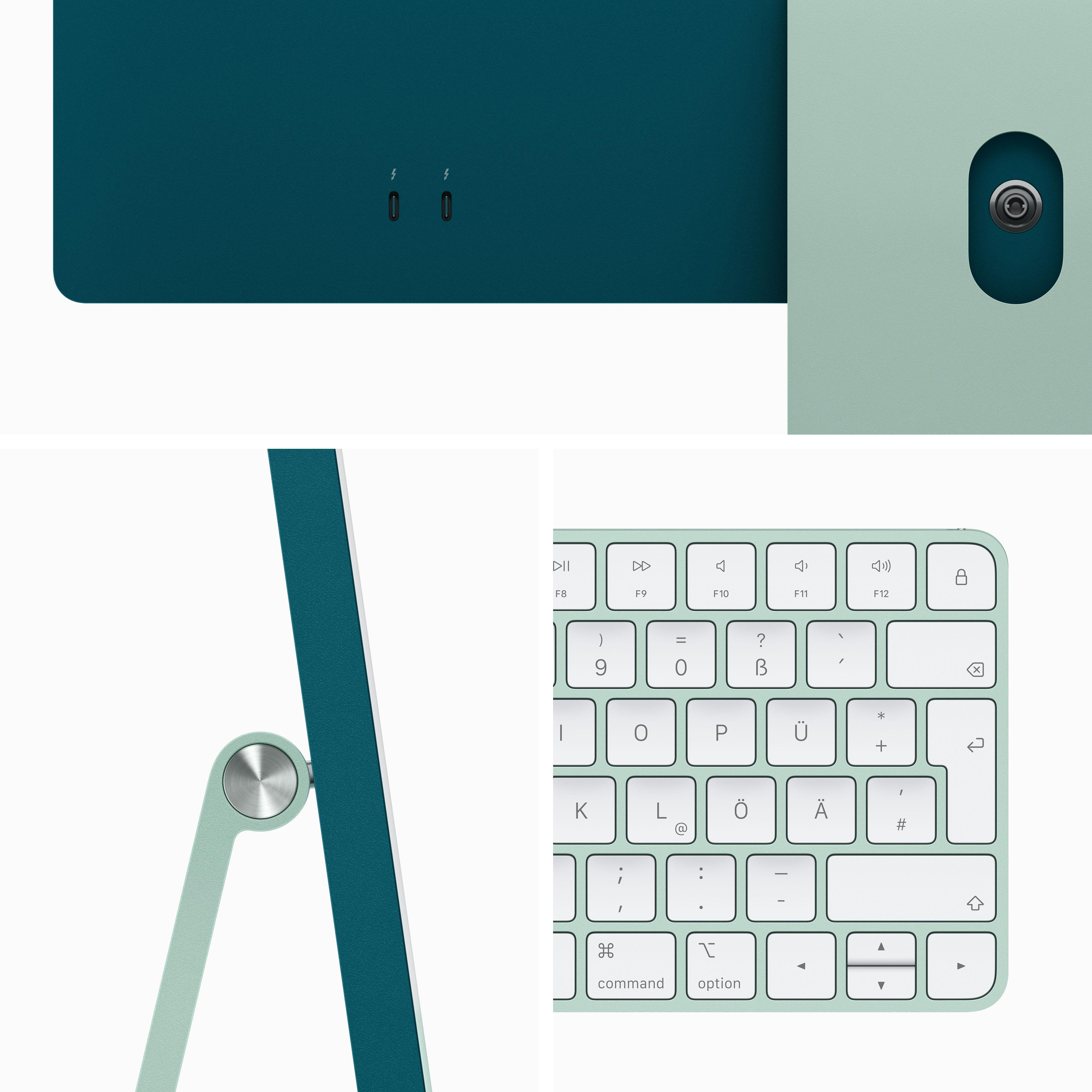 Nahaufnahme von grünen iMac-Details: Anschlüsse, Kamera, Ständerbefestigung, Tastatur.