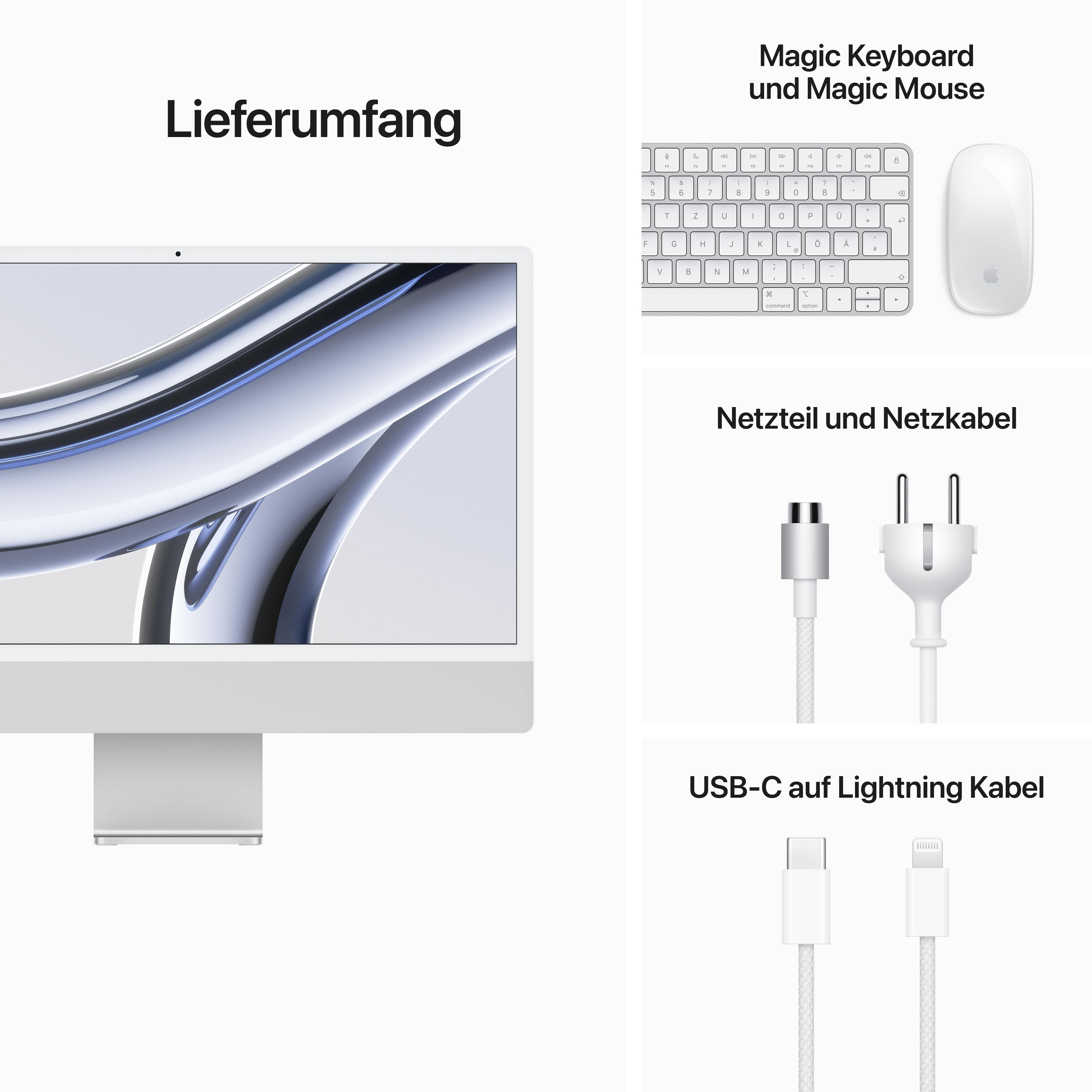 Ein iMac mit Zubehör, einschließlich Tastatur, Maus und Kabeln, auf weißer Oberfläche.