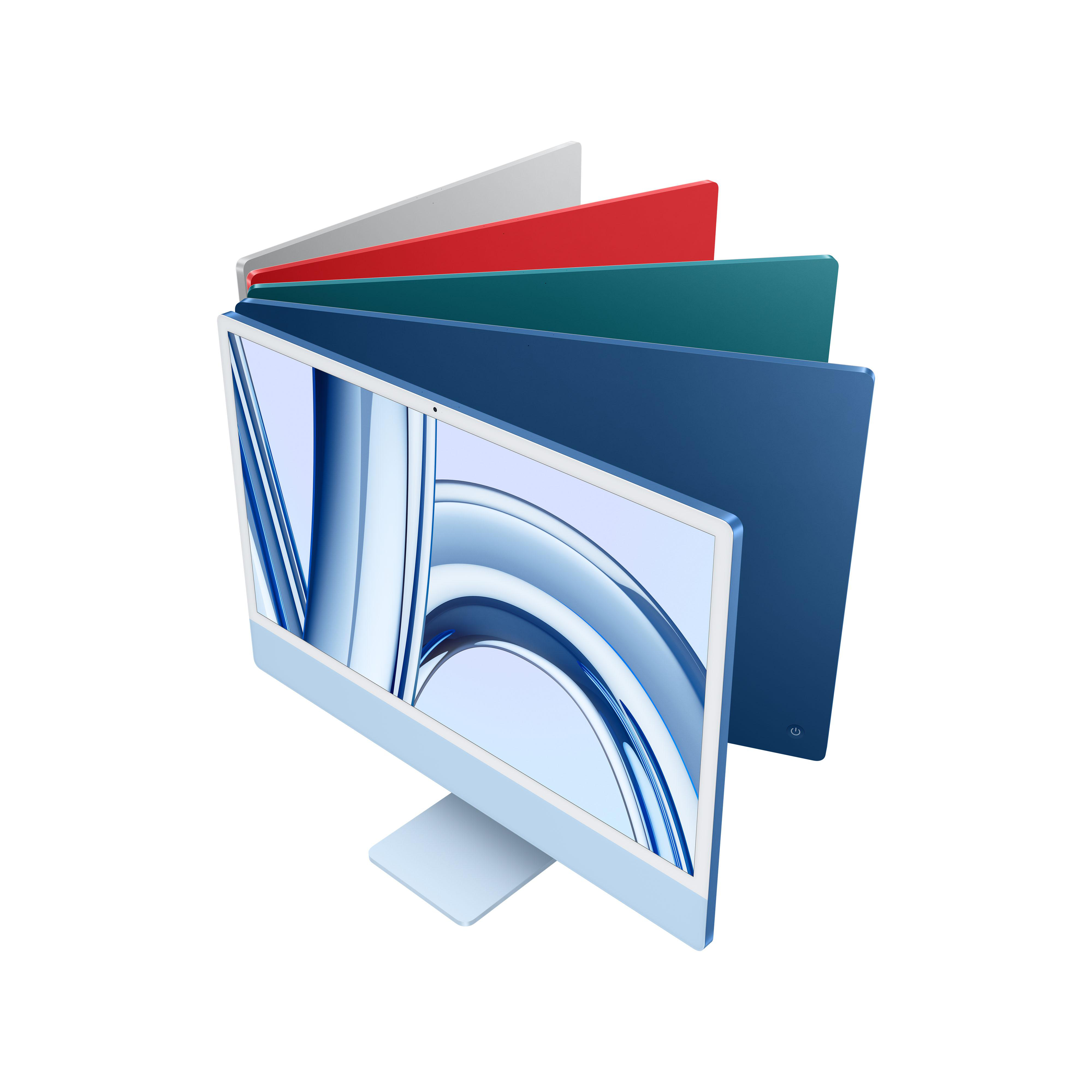 Mehrere iMac-Farben, aufgefächert, Blau als Hauptanzeige.