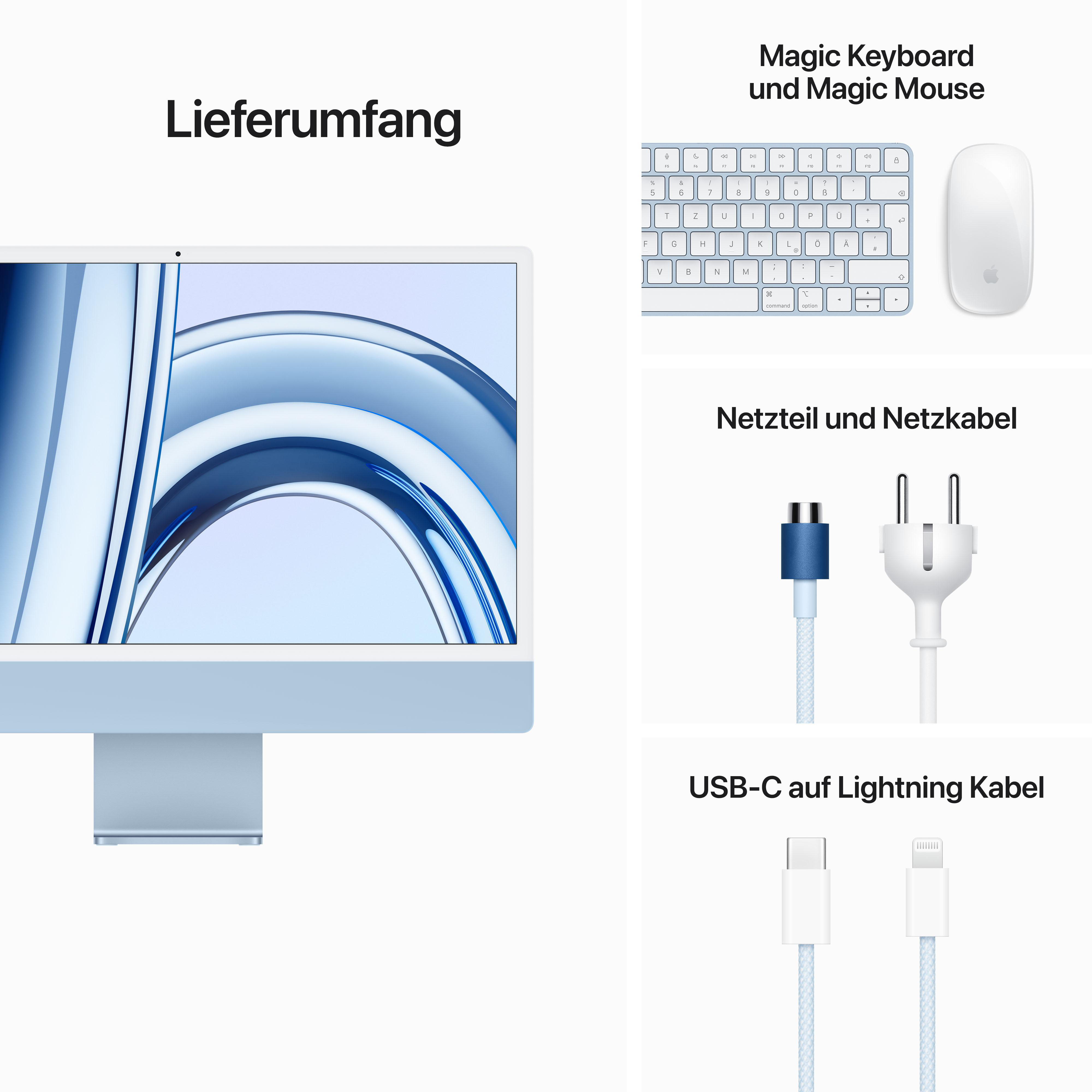 Hellblauer iMac, Tastatur, Maus, Netzkabel und USB-C-auf-Lightning-Kabel auf weißem Hintergrund.