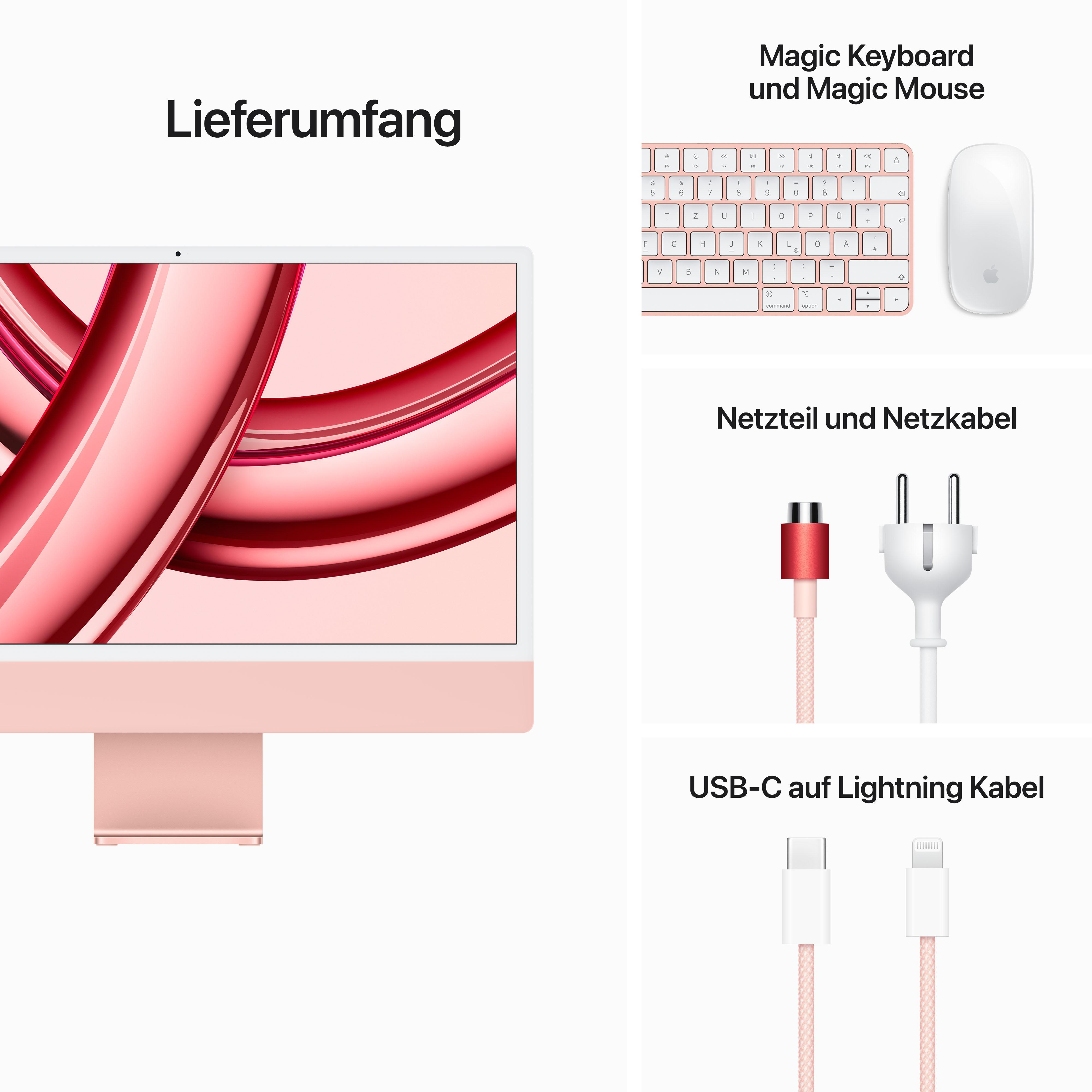 Rosa iMac mit Tastatur, Maus, Netzteil und USB-C-Kabel auf weißem Hintergrund.