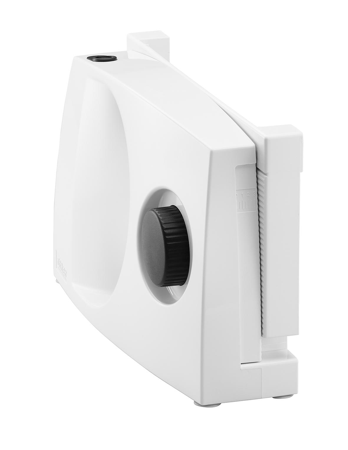 Ein weißer Aufschnittschneider von der Seite, zeigt die Klinge und den Einstellknopf.