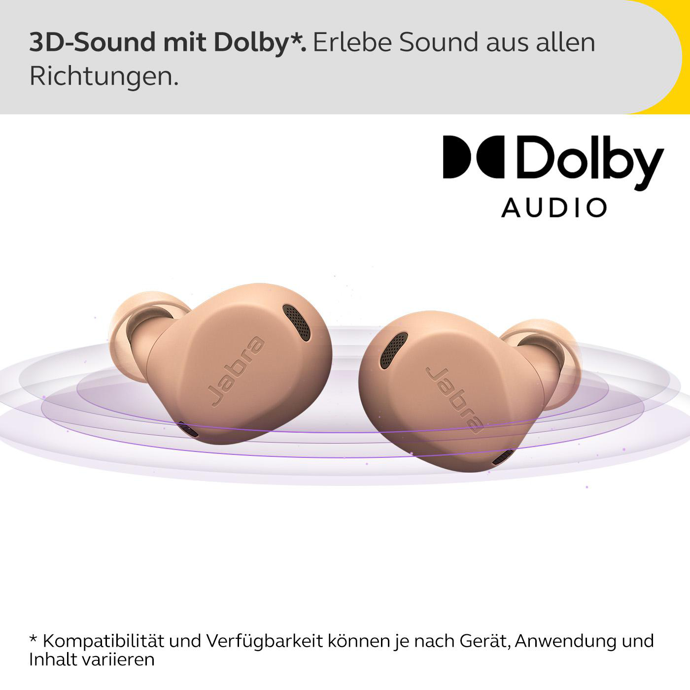 Zwei beige Jabra True Wireless-Ohrhörer mit Dolby Audio Logo.