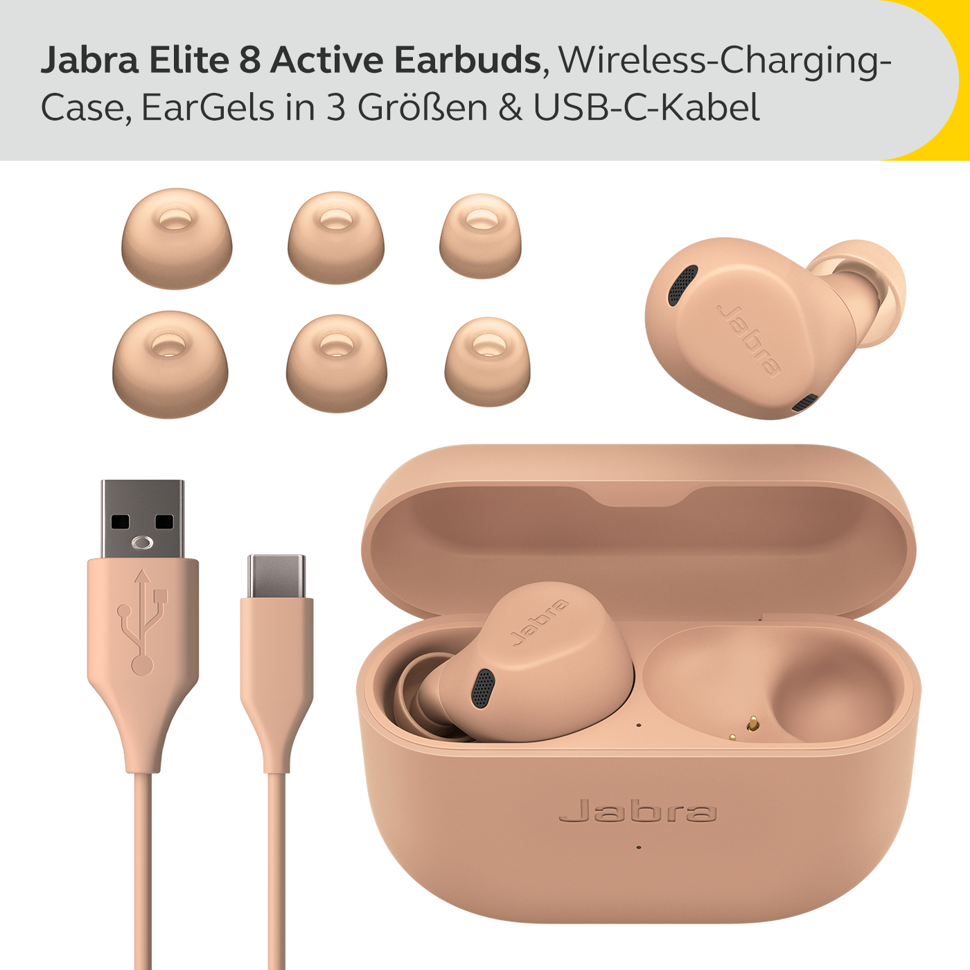 Jabra Elite 8 Active Ohrhörer, Ladecase, zusätzliche Ohrstöpsel und USB-C-Kabel in Beige.