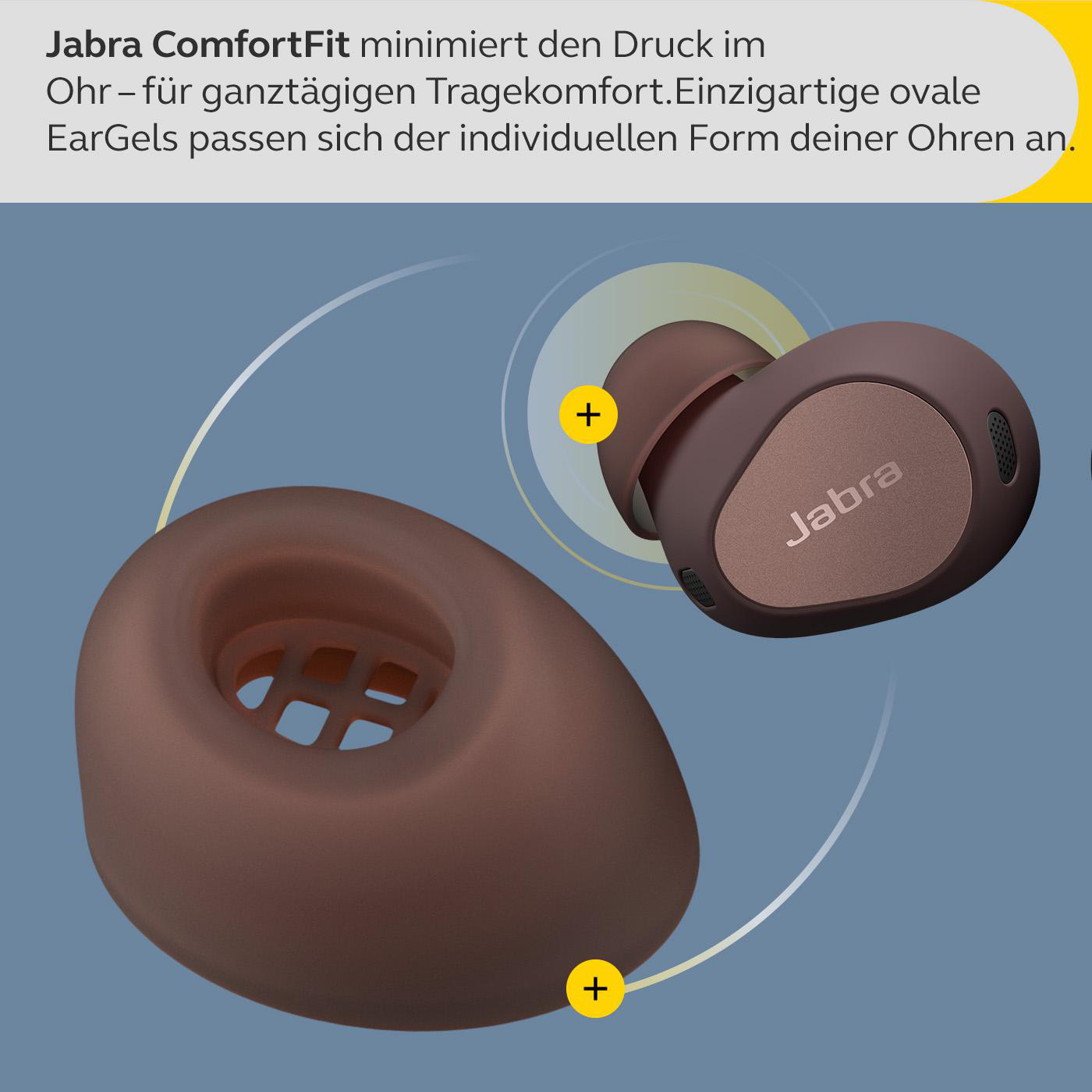 Ohrhörer mit braunen Ohrgels und einem Jabra-Logo, vor gelbem Hintergrund mit Text.