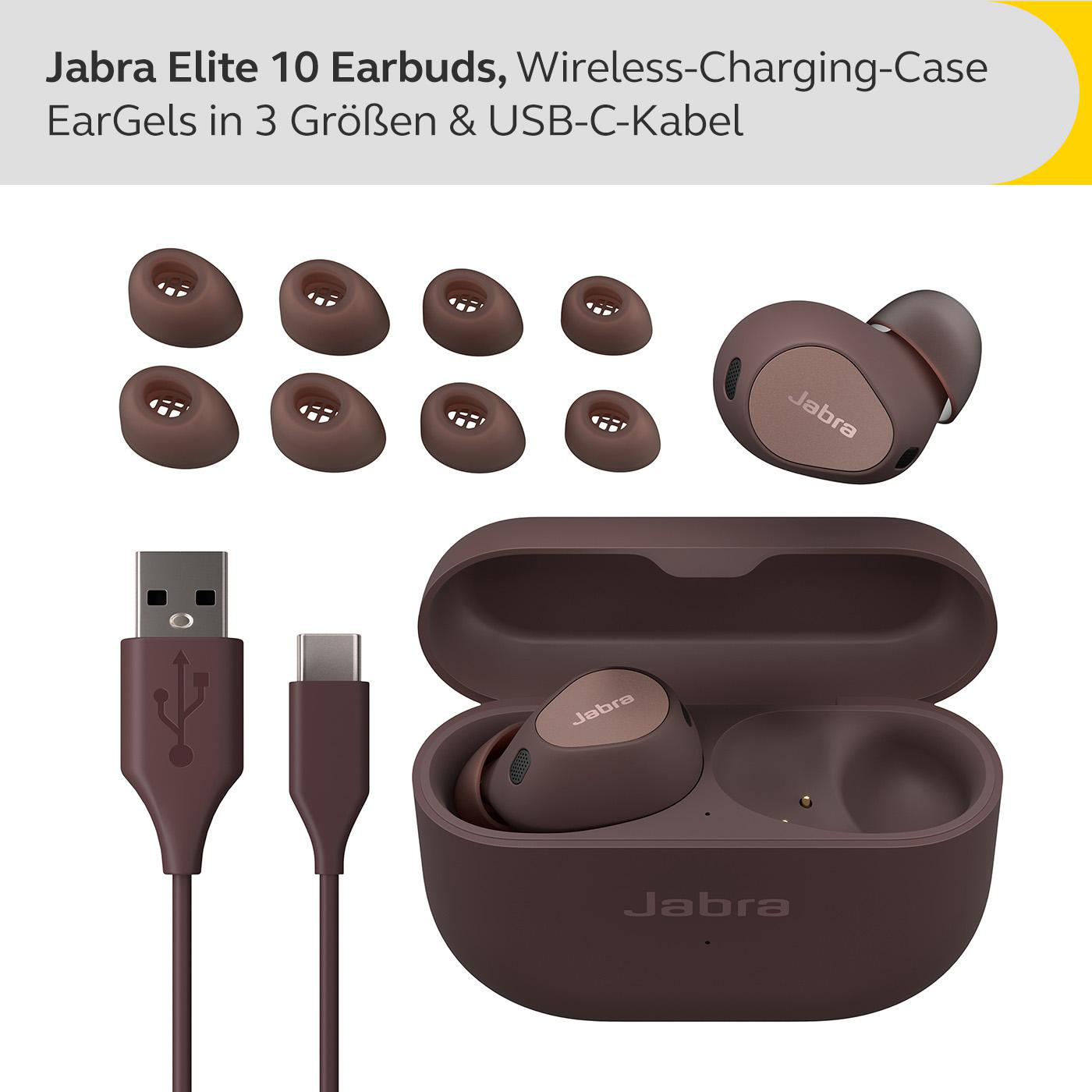 Jabra Elite 10 Ohrhörer, Ladecase, Ohrpassstücke und USB-C-Kabel in Braun.