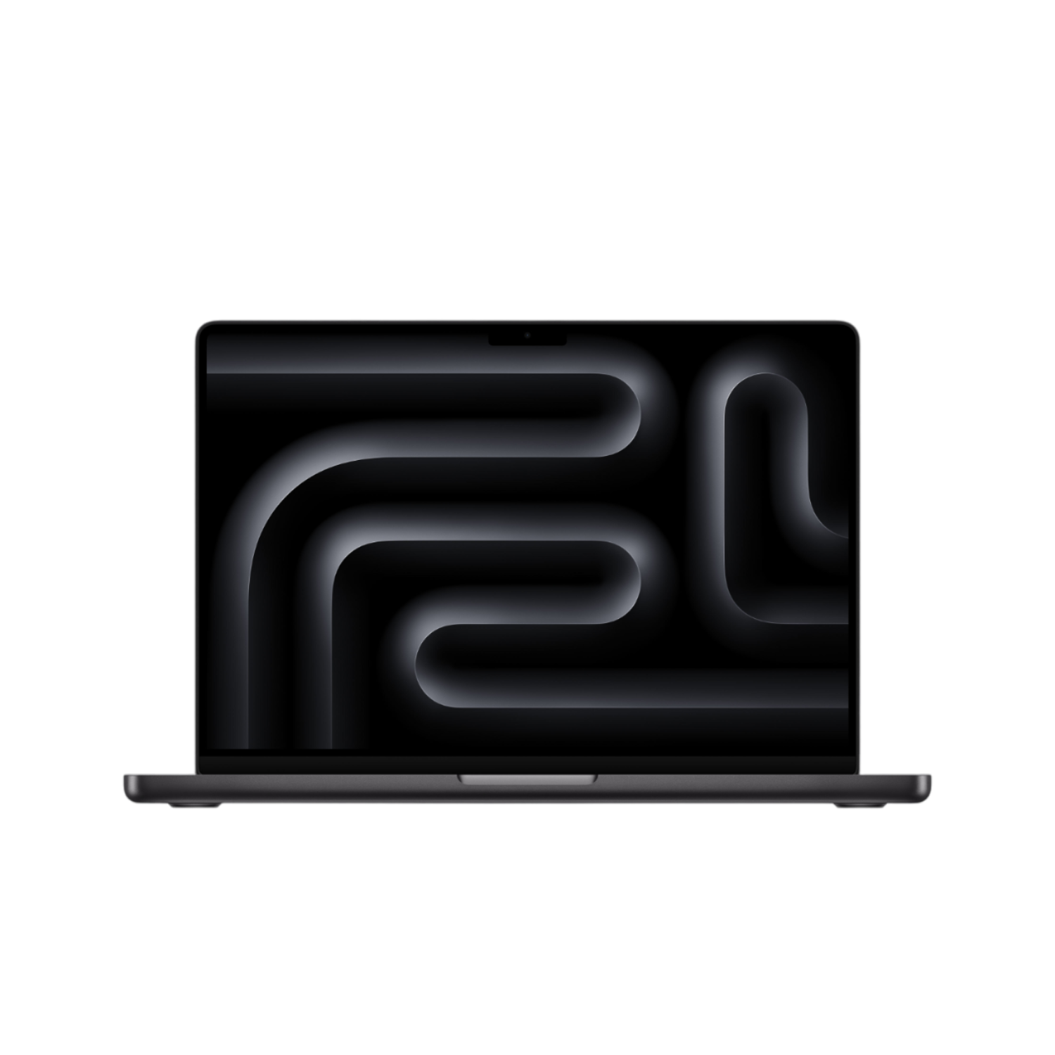 Zwarte laptop op een zwarte achtergrond. Het scherm heeft een abstract grijs ontwerp.