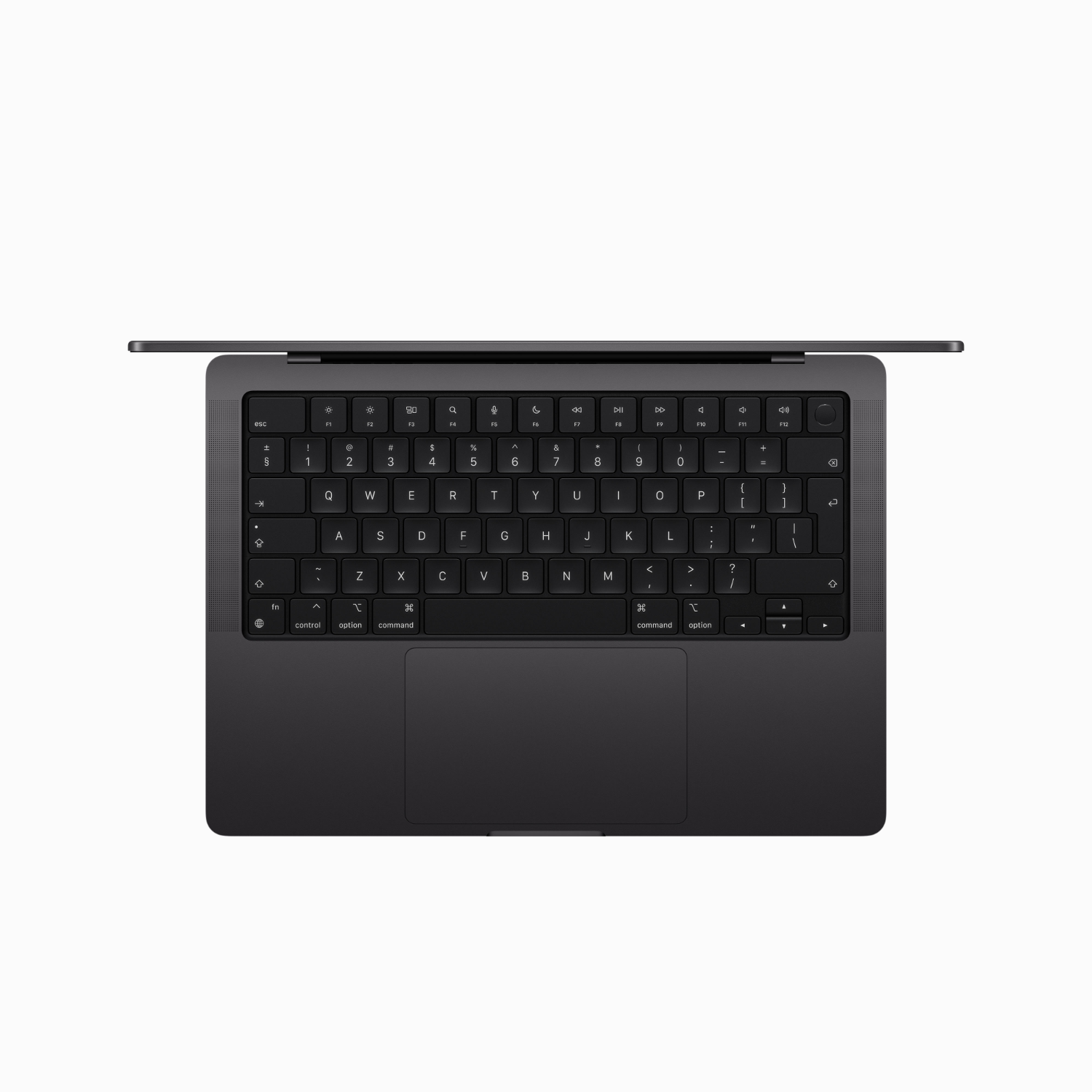 Een bovenaanzicht van een Space Gray MacBook met het toetsenbord verlicht op een witte achtergrond.
