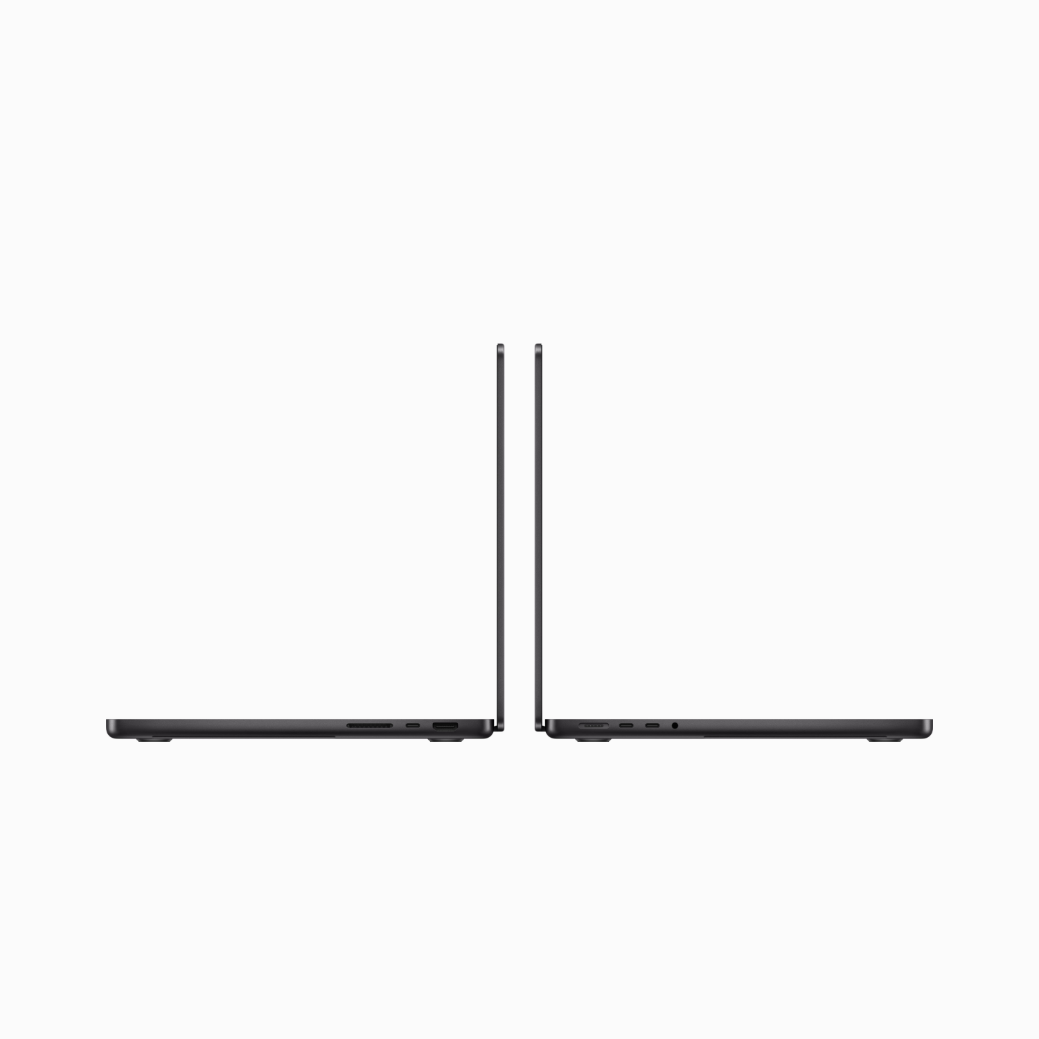 Twee zwarte laptops staan naast elkaar, in profiel, op een witte achtergrond.