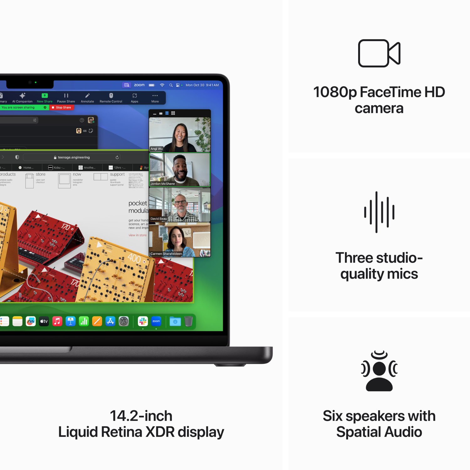 Laptop met scherm dat een video-oproep toont. Tekst rechts beschrijft de functies. Zwarte achtergrond.