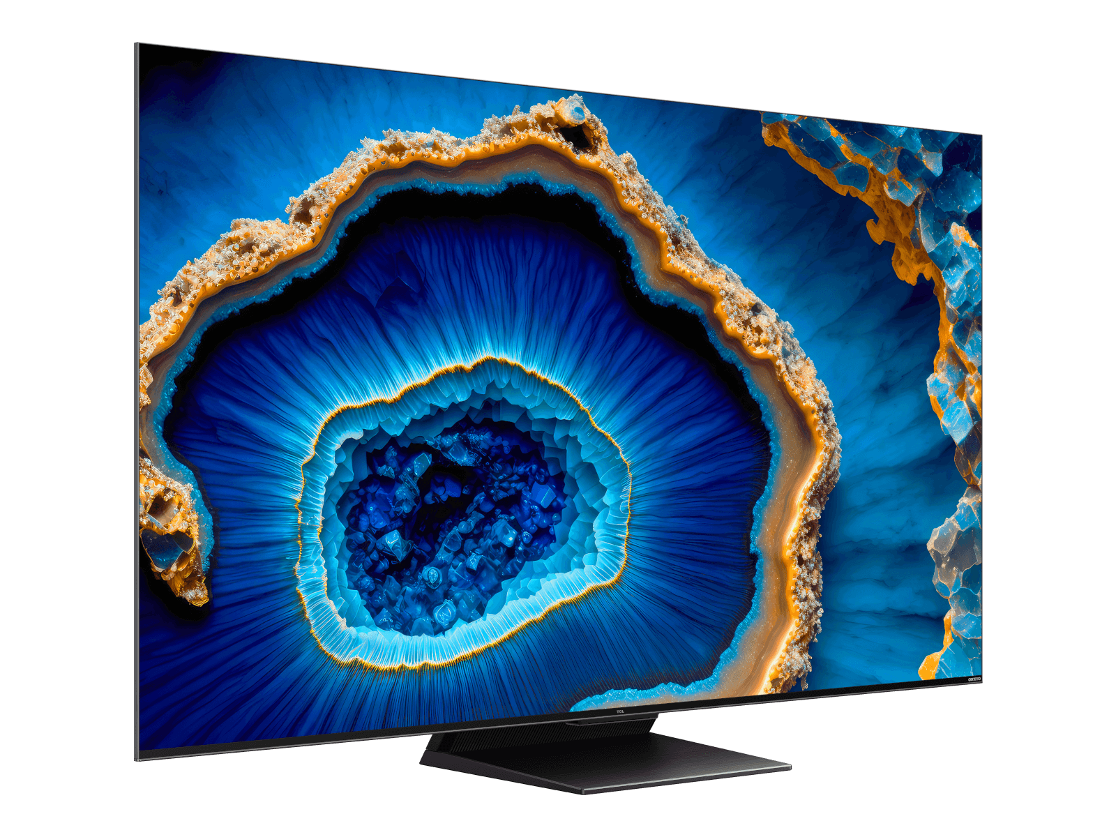 Großer Bildschirm-Fernseher mit abstraktem blauen Bild auf schwarzem Hintergrund.