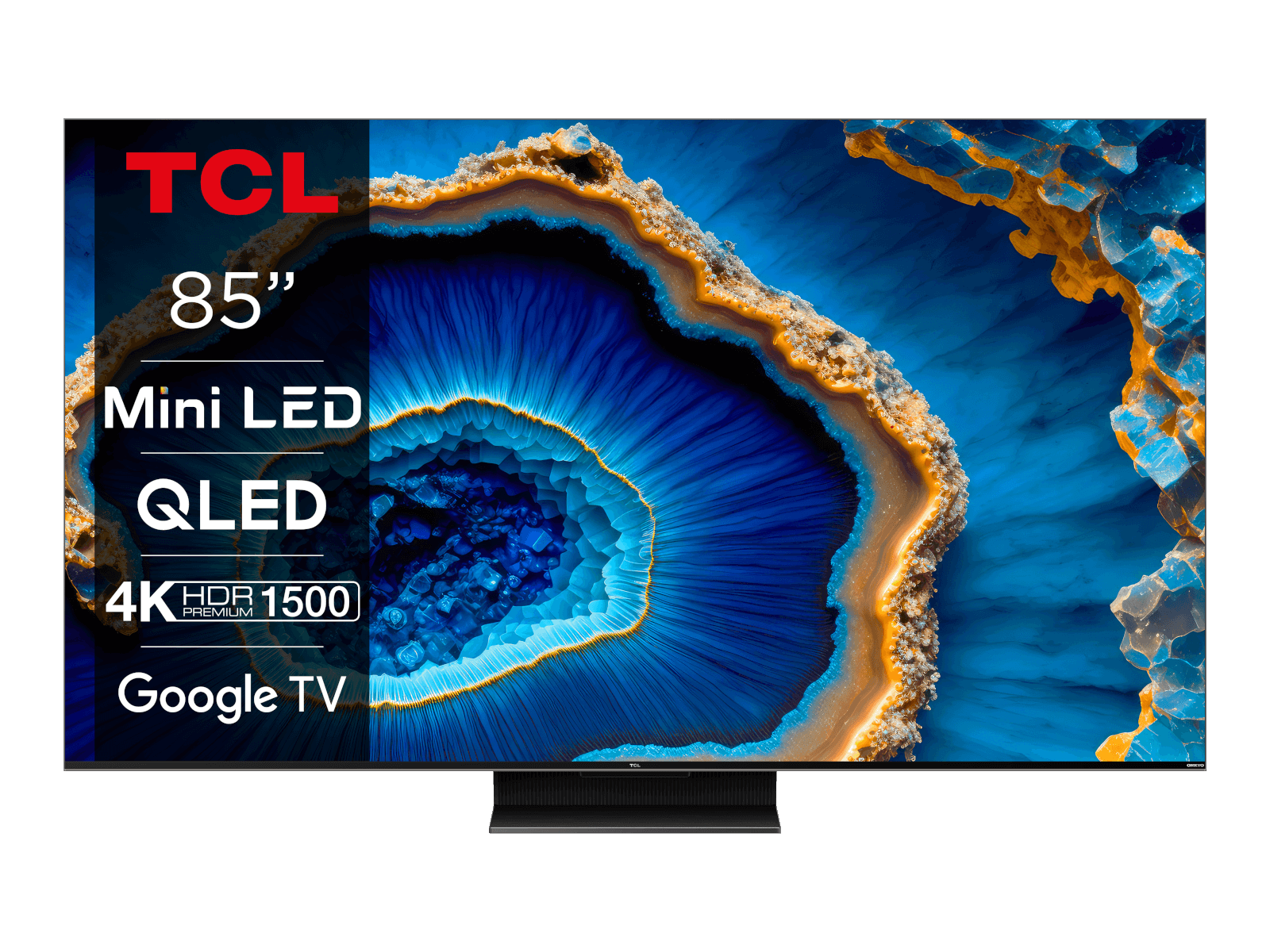 Ein 85" TCL-Fernseher, der ein farbenfrohes, abstraktes Bild anzeigt. Der Bildschirm hat ein Mini-LED-, QLED- und Google TV-Label.