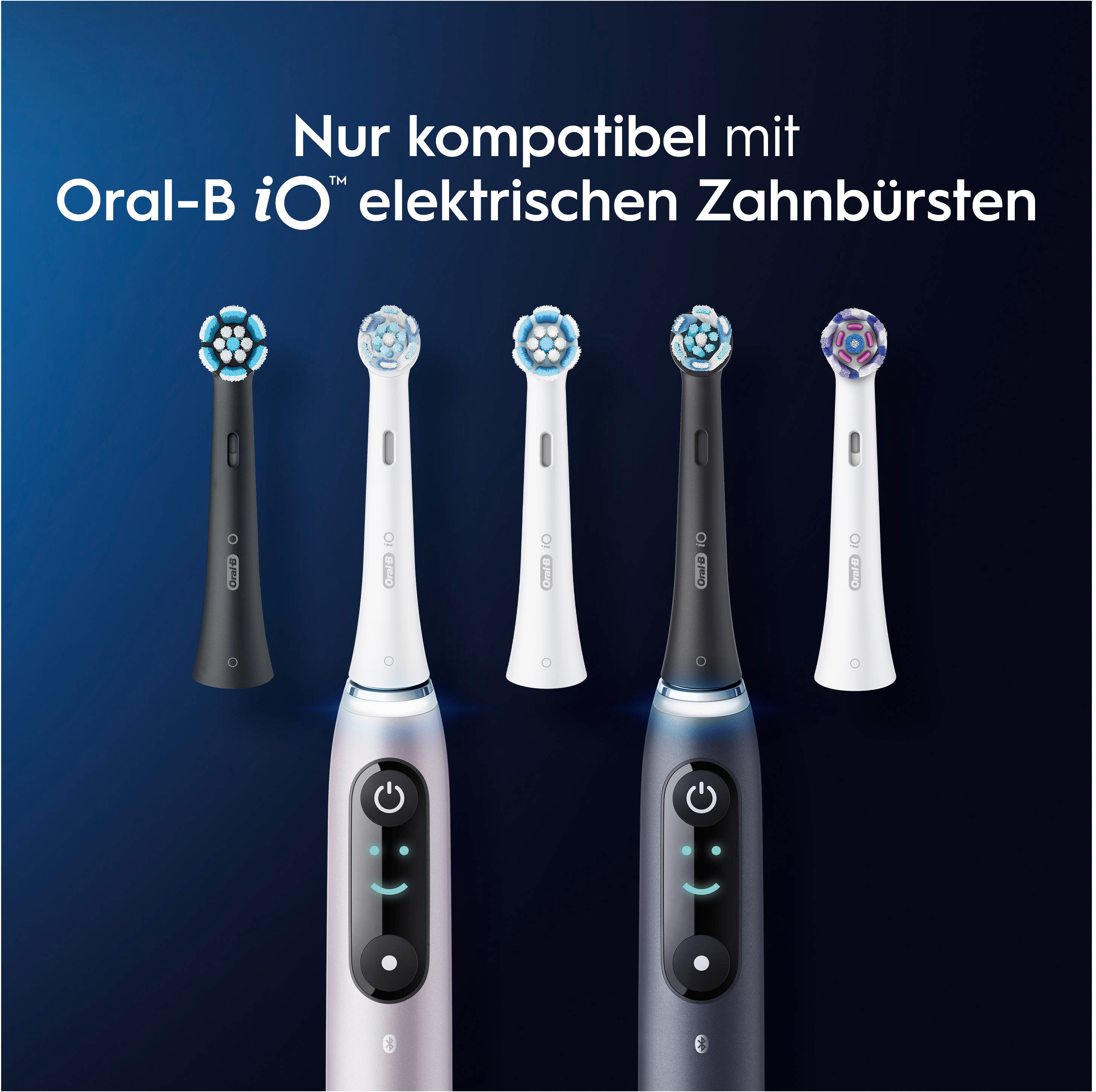 Têtes de brosse à dents électriques, diverses couleurs, au-dessus de deux brosses.