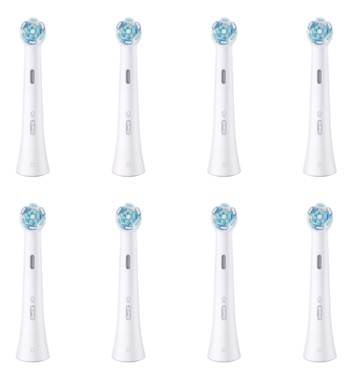 Huit têtes de brosse à dents Oral-B, blanches avec poils bleus, sur fond noir.