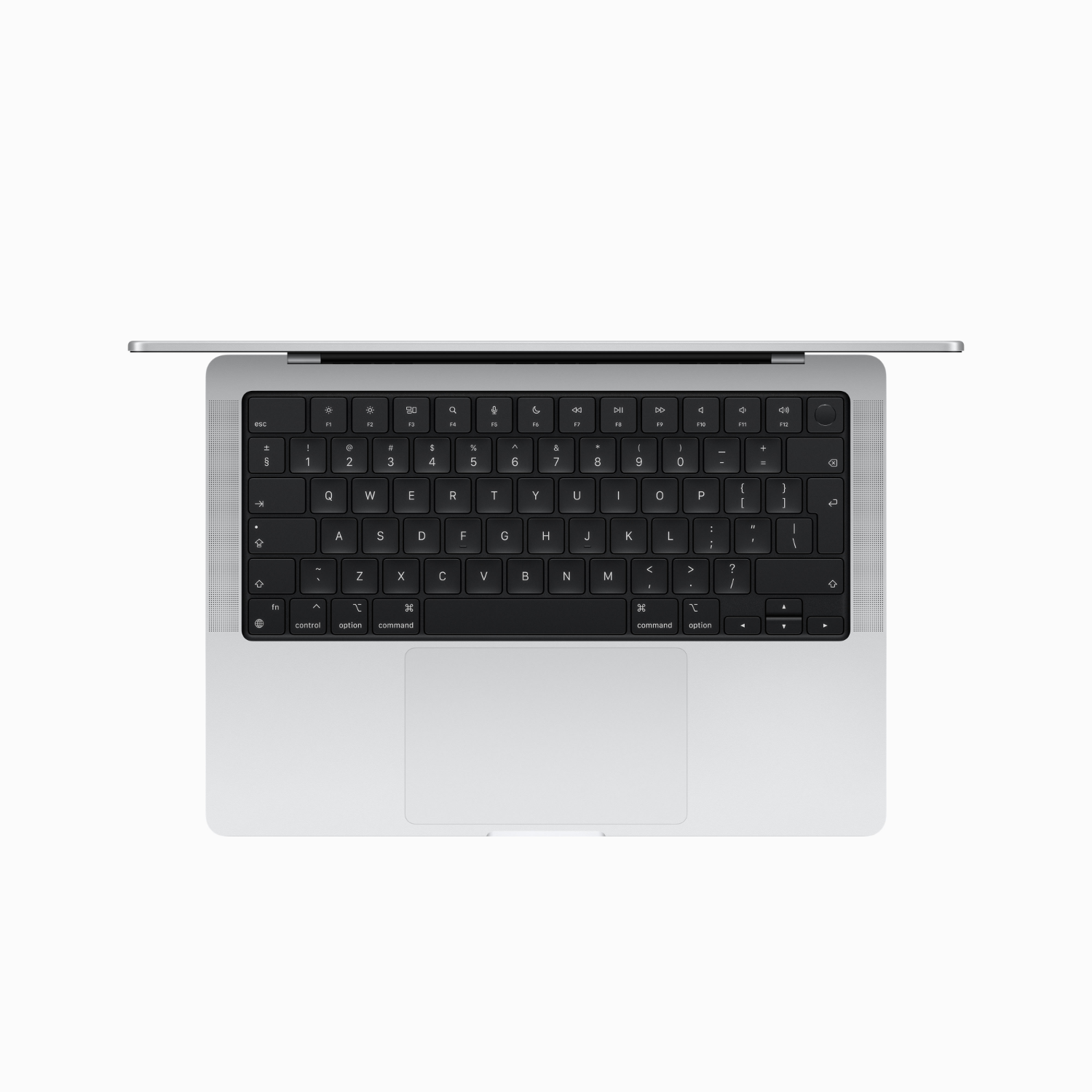 Een bovenaanzicht van een zilveren laptop met toetsenbord.