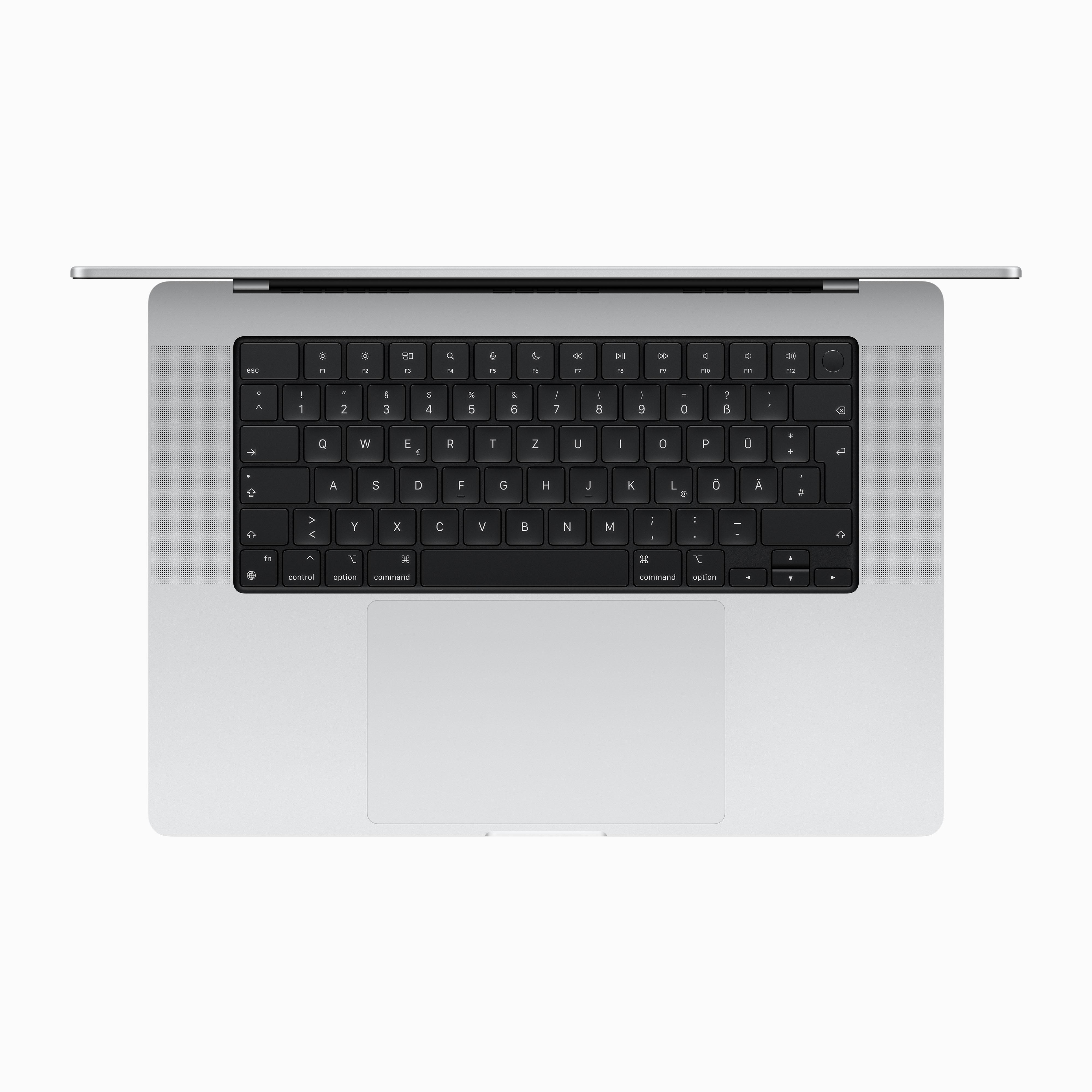 Ein silbernes Laptop von oben, Tastatur sichtbar. Die Tastatur ist schwarz mit weißen Tasten.