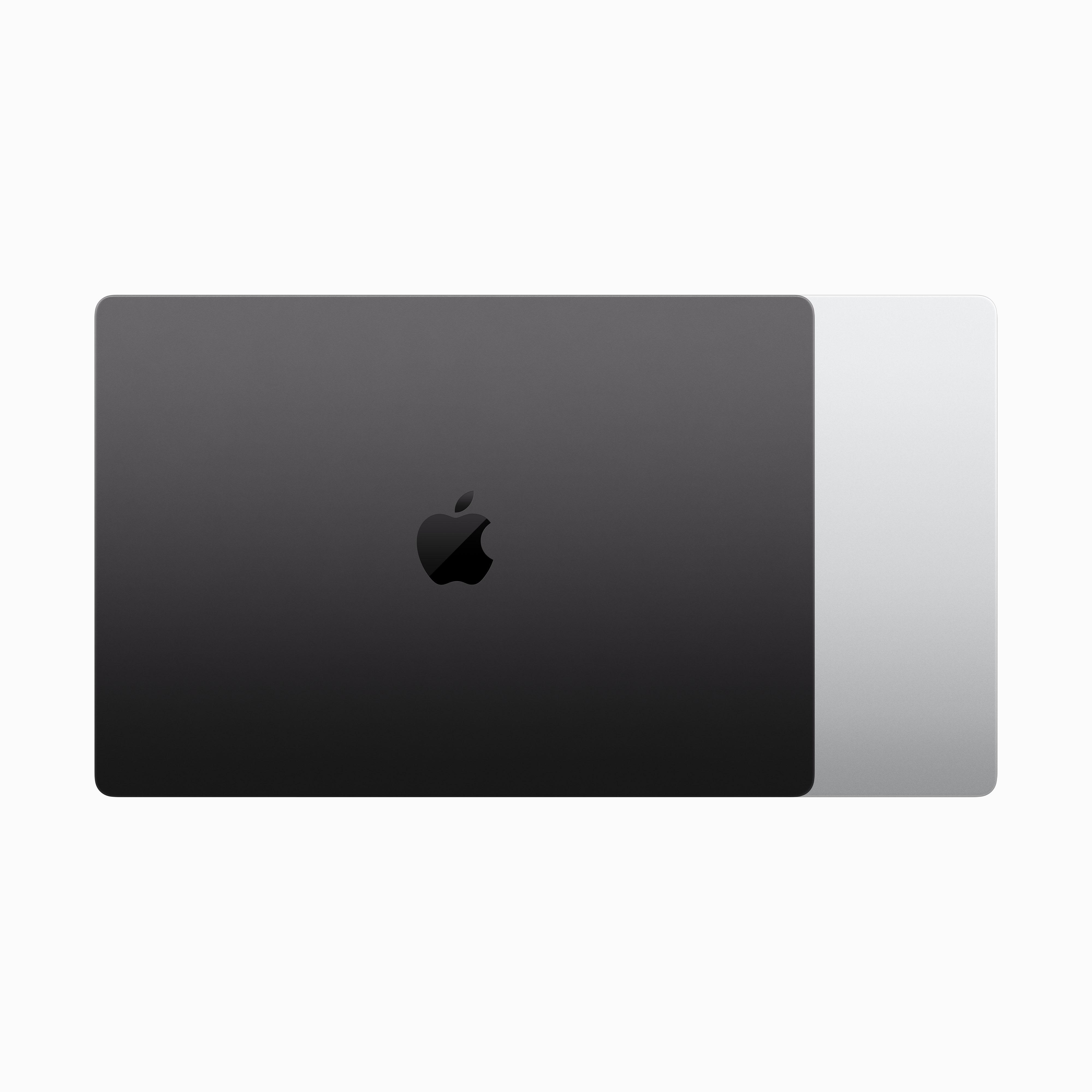 Ein geschlossener schwarzer Laptop mit Apple-Logo oben und silberner Basis.