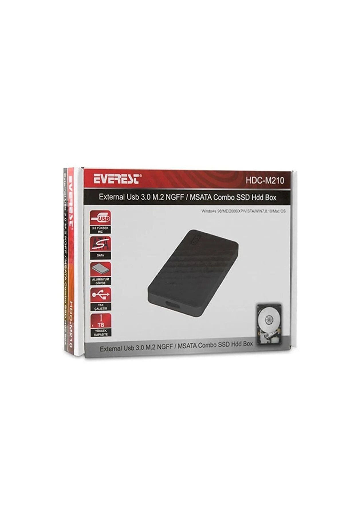Metin ve simgeler içeren harici bir USB 3.0 M.2 NGFF / MSATA Combo SSD Hdd Kutusu için kutu.