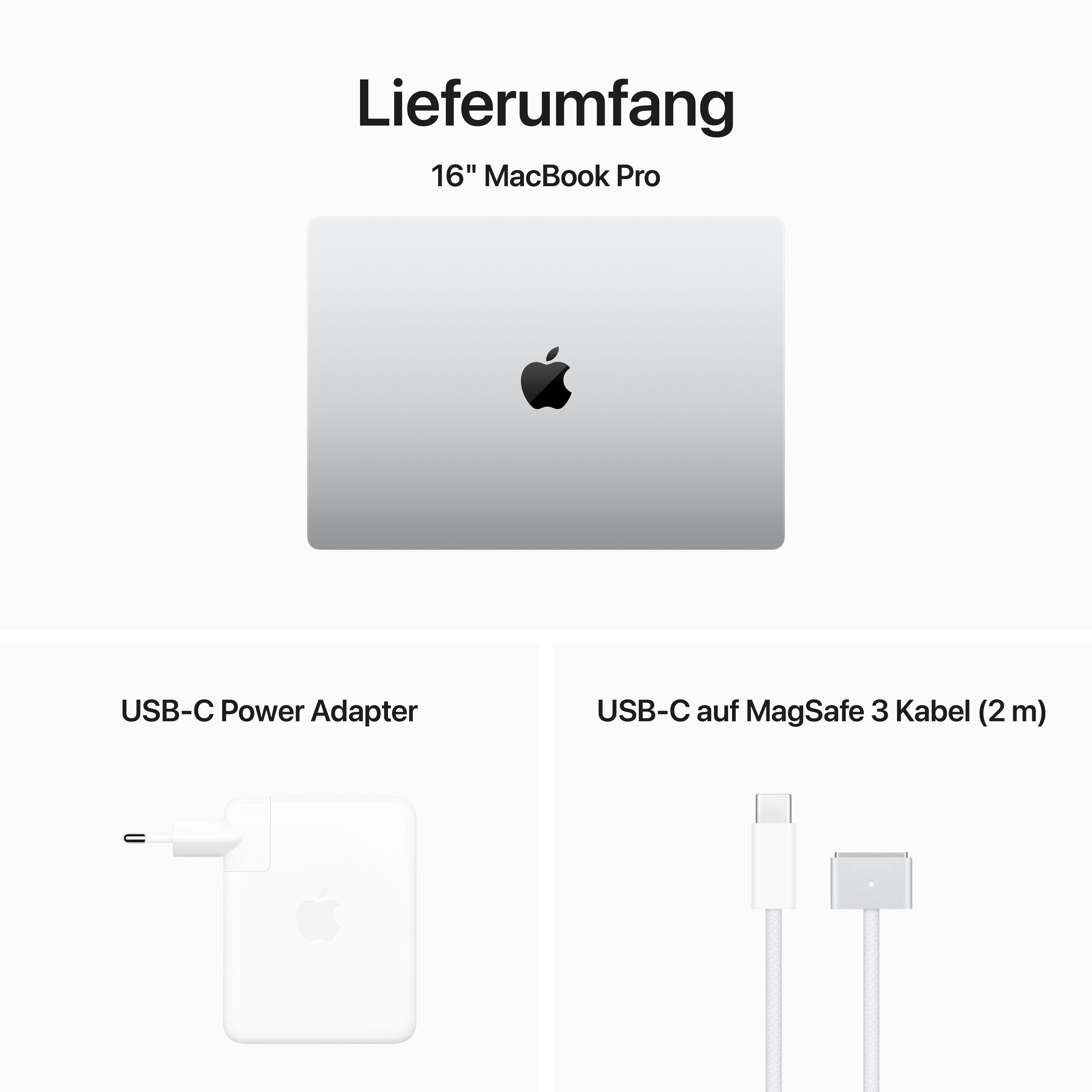 16" MacBook Pro mit Zubehör: USB-C-Netzteil und Kabel.