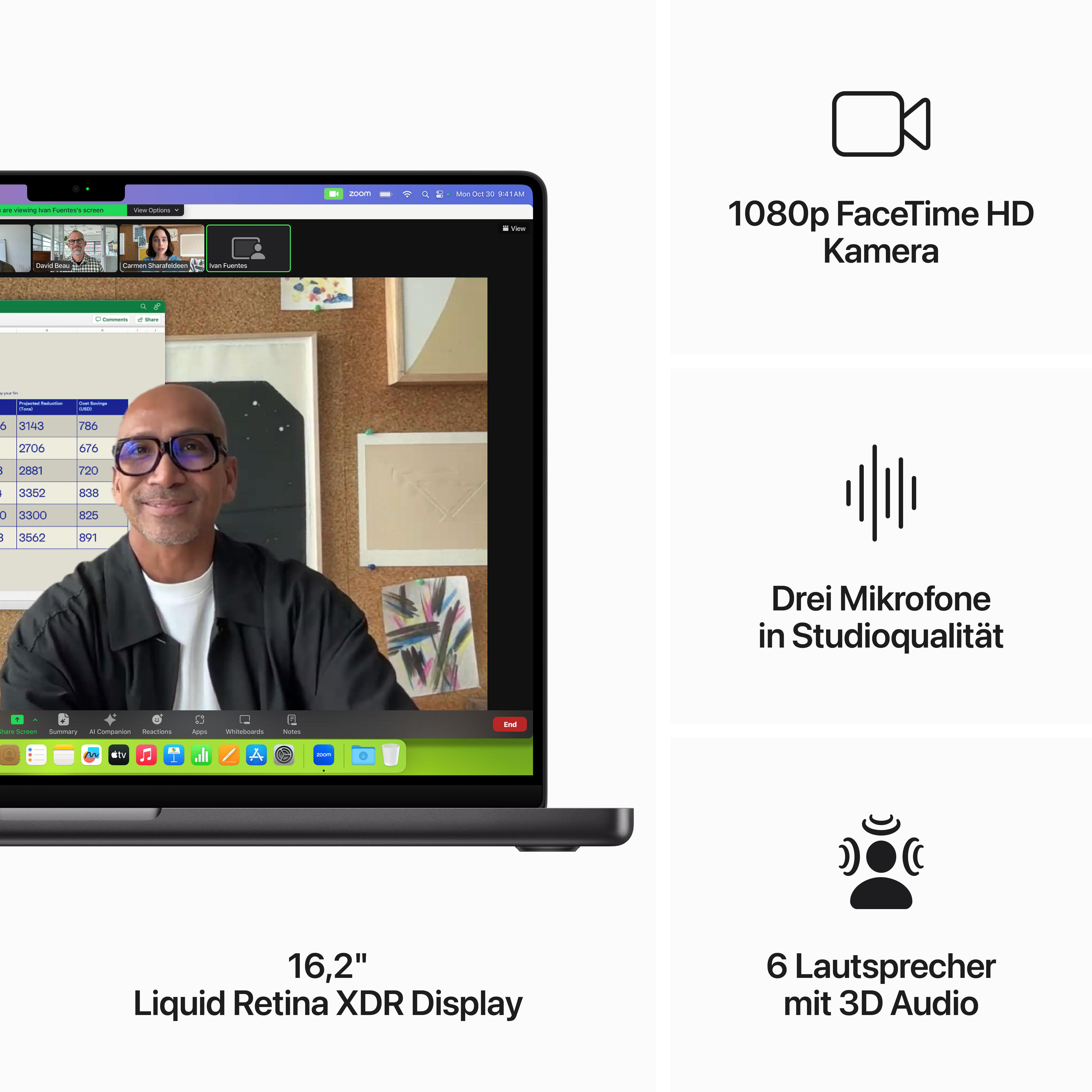 Laptop-Bildschirm zeigt einen Videoanruf. Merkmale: 16,2" Display, Kamera, Mikrofon und Lautsprecher.