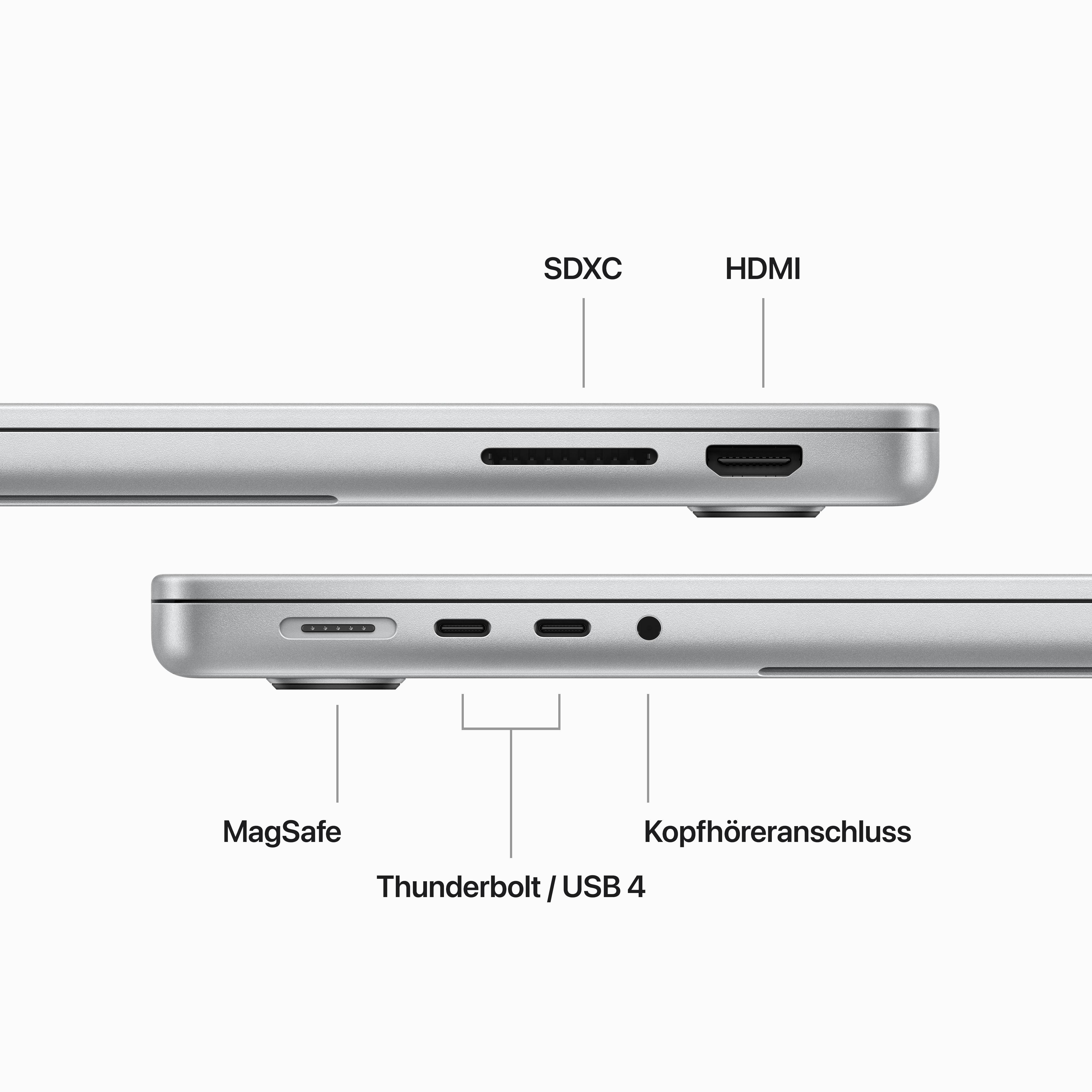 Laptop-Seitenansicht mit Anschlüssen: SDXC, HDMI, MagSafe, Thunderbolt/USB 4 und Kopfhöreranschluss.