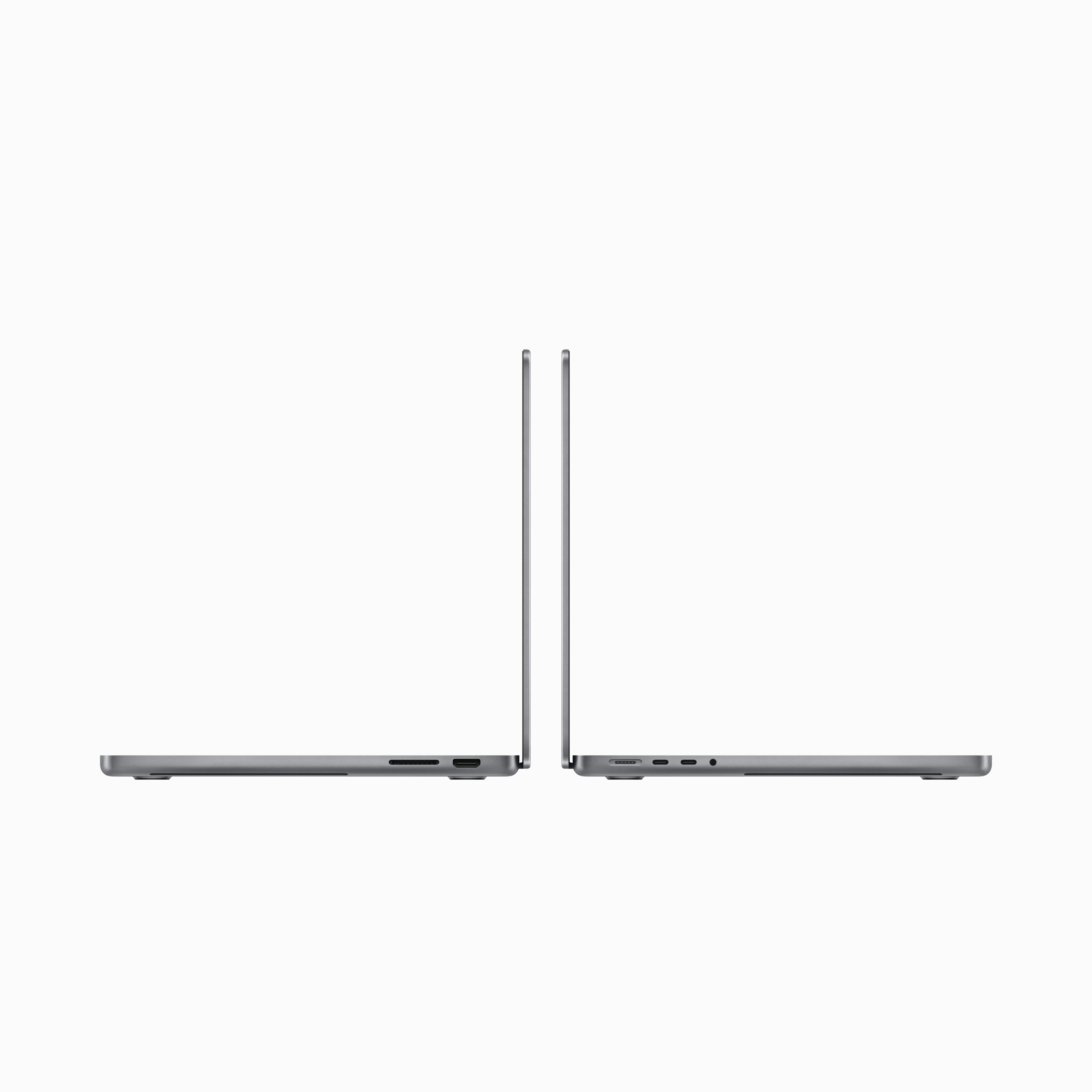 Zwei graue Laptops nebeneinander, die das Seitenprofil und die Anschlüsse zeigen.