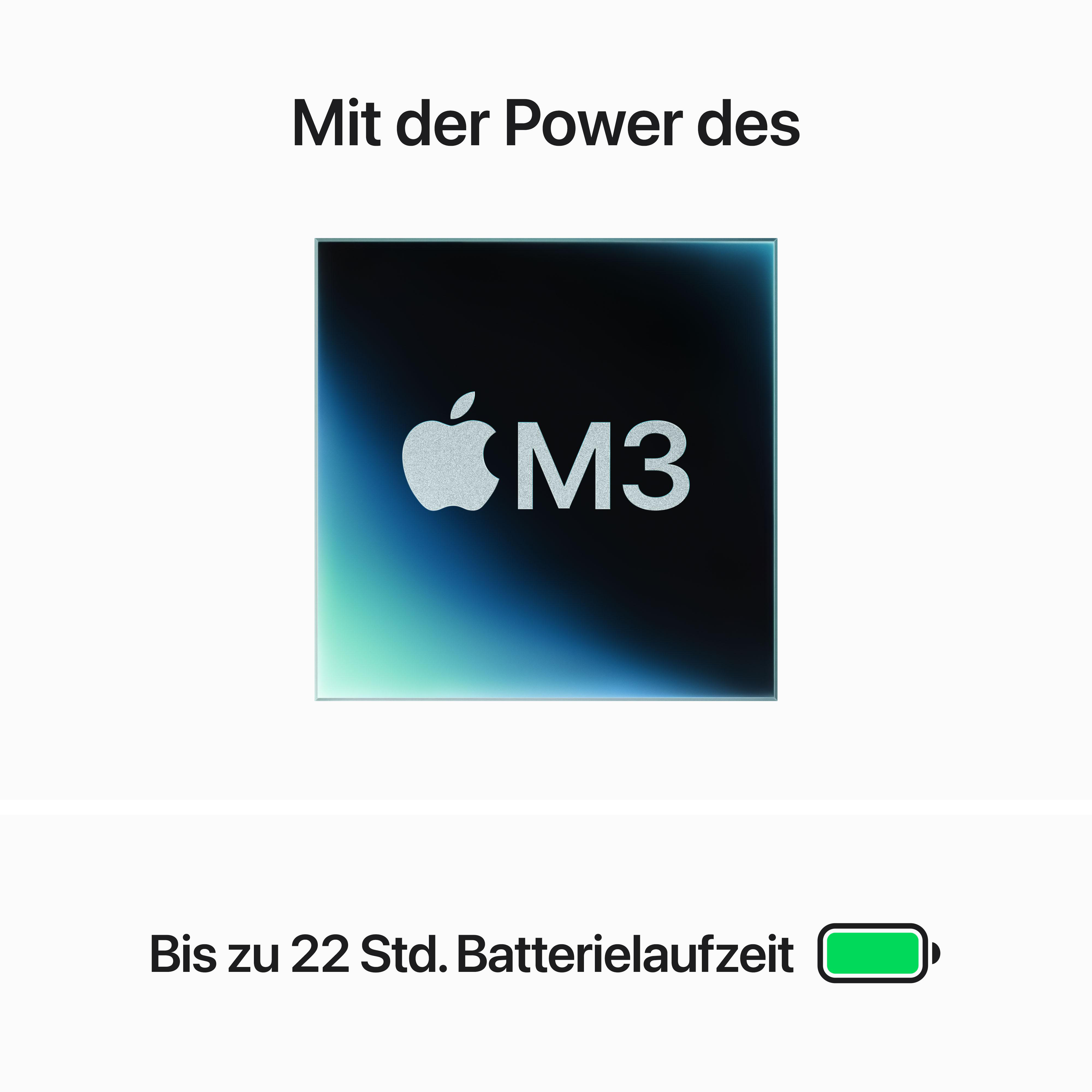 Bild mit Apple M3-Logo. Text sagt 'Mit der Power des' und bis zu 22 Stunden Akkulaufzeit.