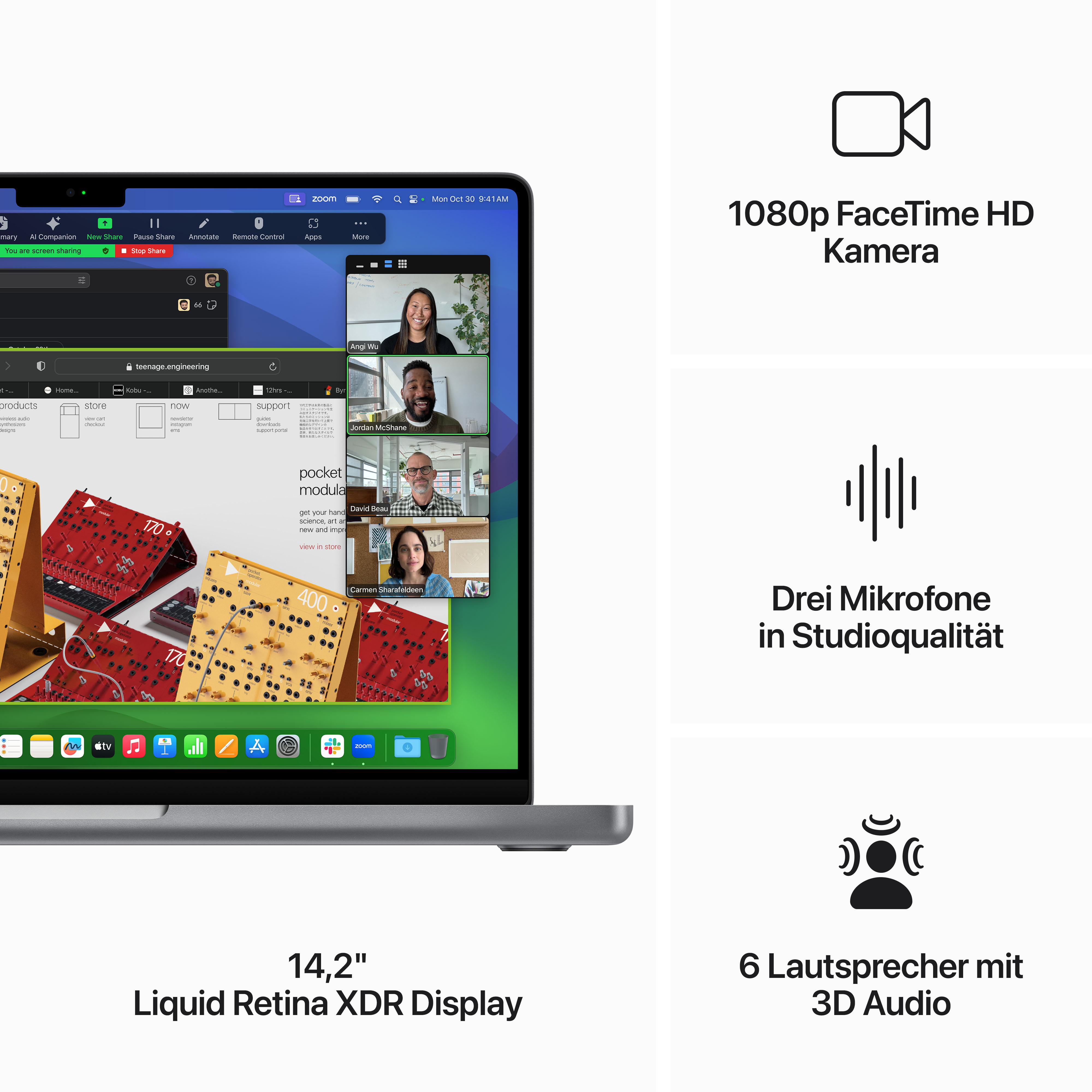 Laptop mit Videoanruf auf dem Bildschirm. Merkmale: 1080p FaceTime HD-Kamera, 3 Studio-Mikrofone und 6 Lautsprecher.