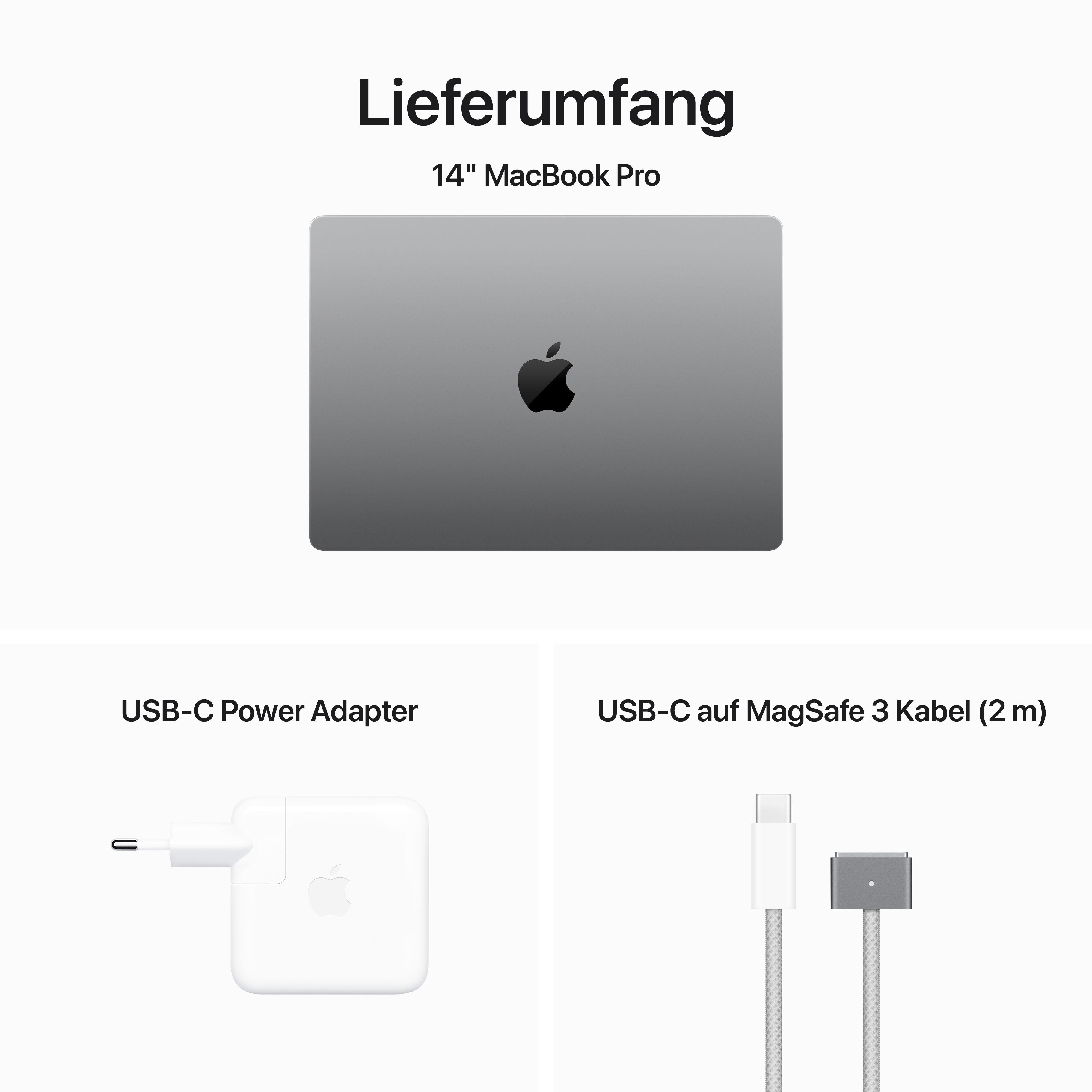Ein Laptop, ein USB-C-Netzteil und ein USB-C-auf-MagSafe-3-Kabel liegen auf einer weißen Oberfläche.