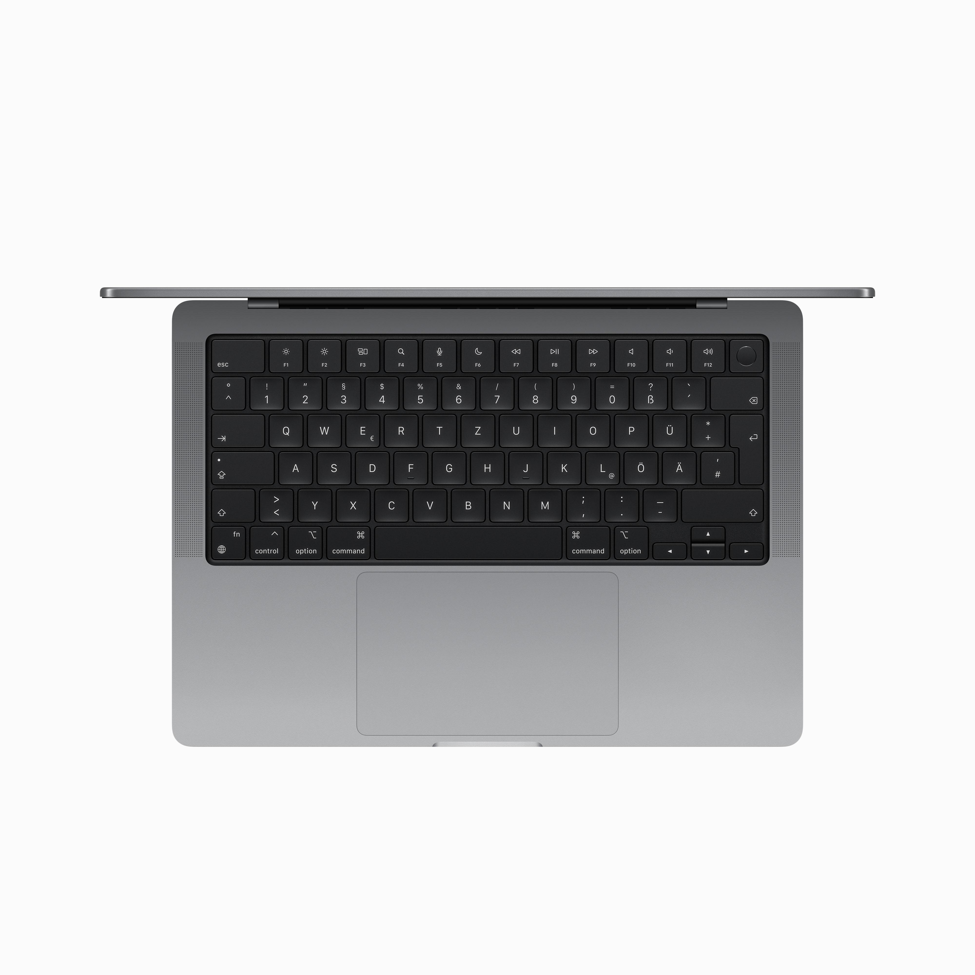 Laptop-Tastatur mit silbernem Rahmen, zeigt Tasten mit Buchstaben, Zahlen und Symbolen, Draufsicht.