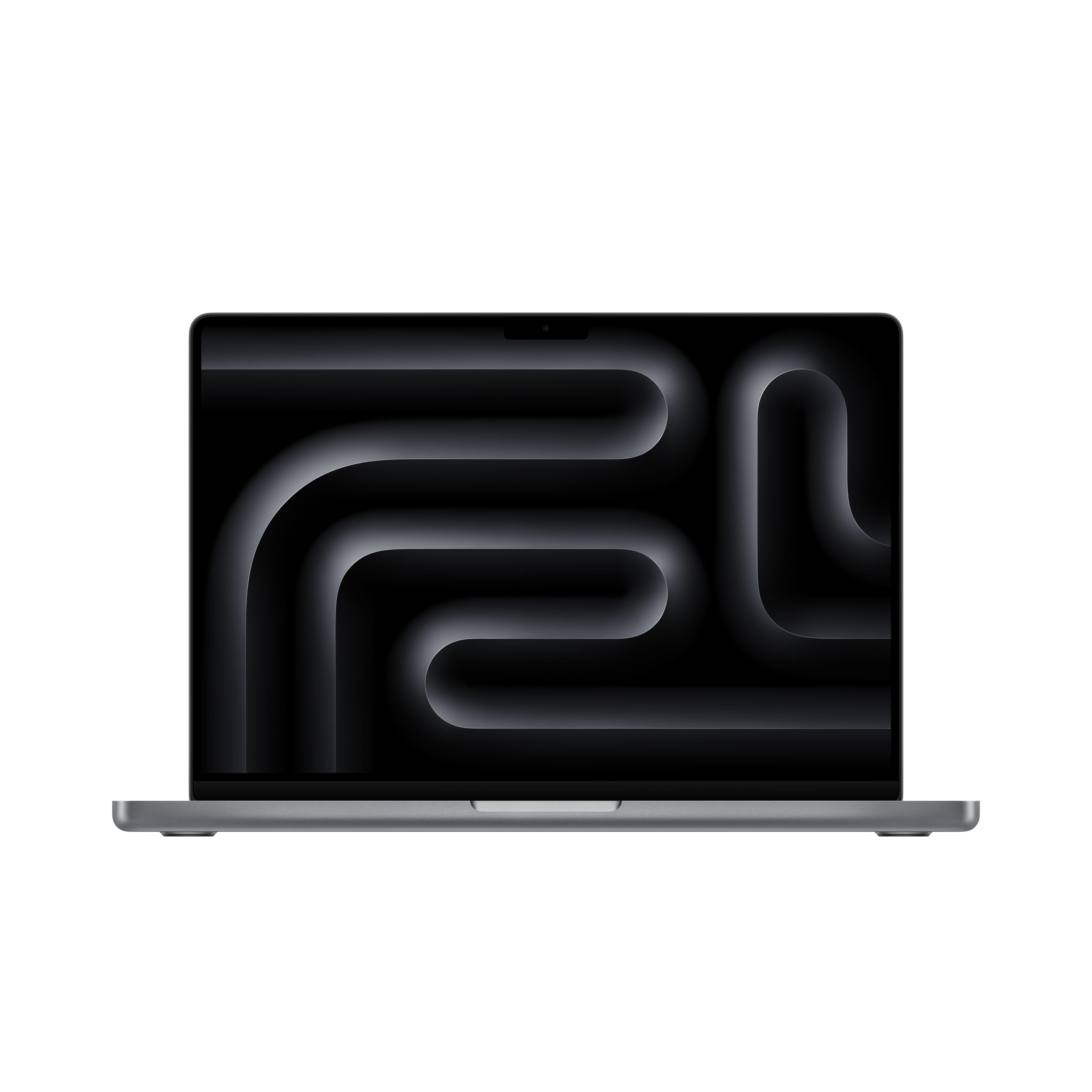 Ein silberner Laptop mit schwarzem Bildschirm, der ein wellenförmiges, abstraktes Design zeigt.