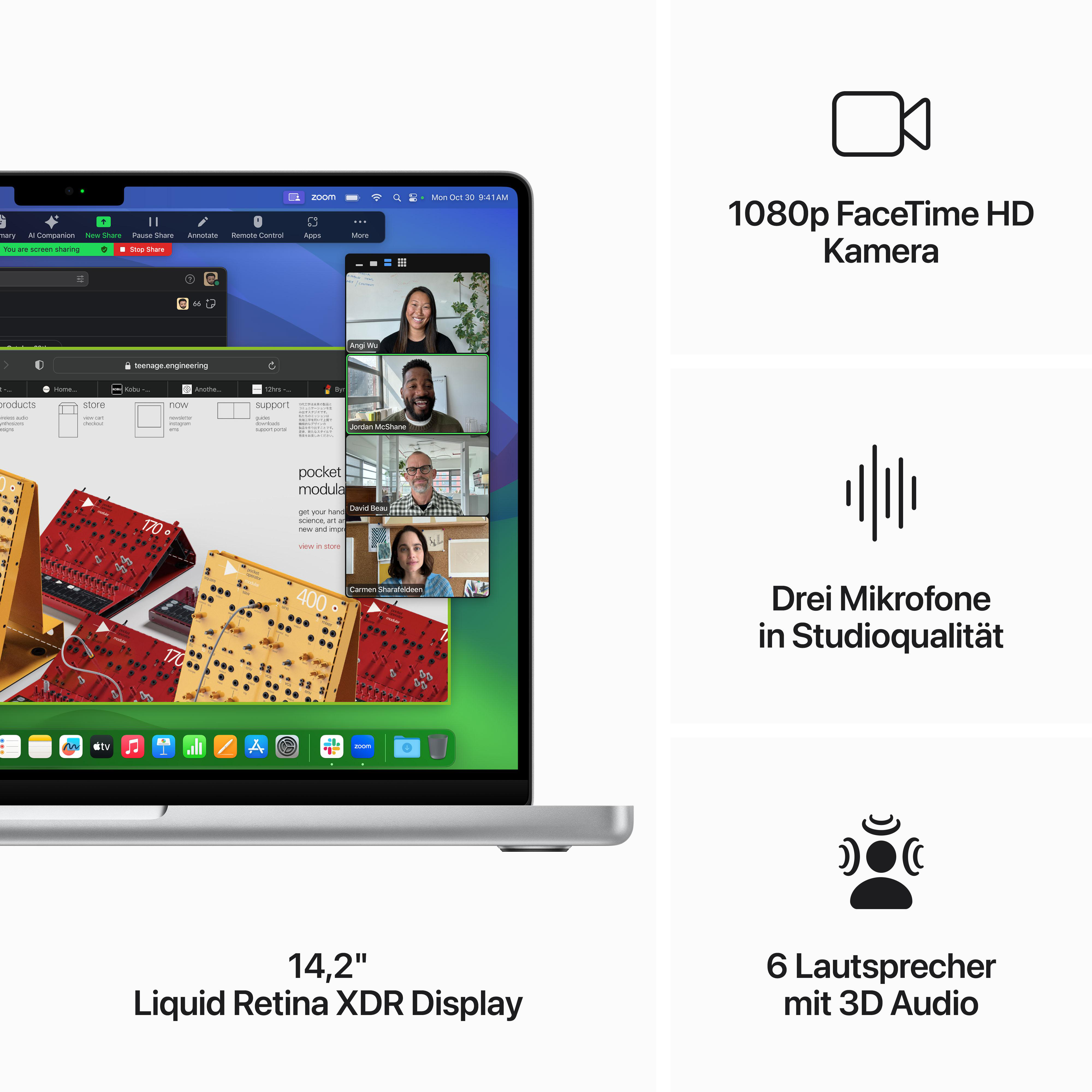 Laptop-Bildschirm zeigt Videoanruf. Texte und Symbole sind rechts sichtbar.