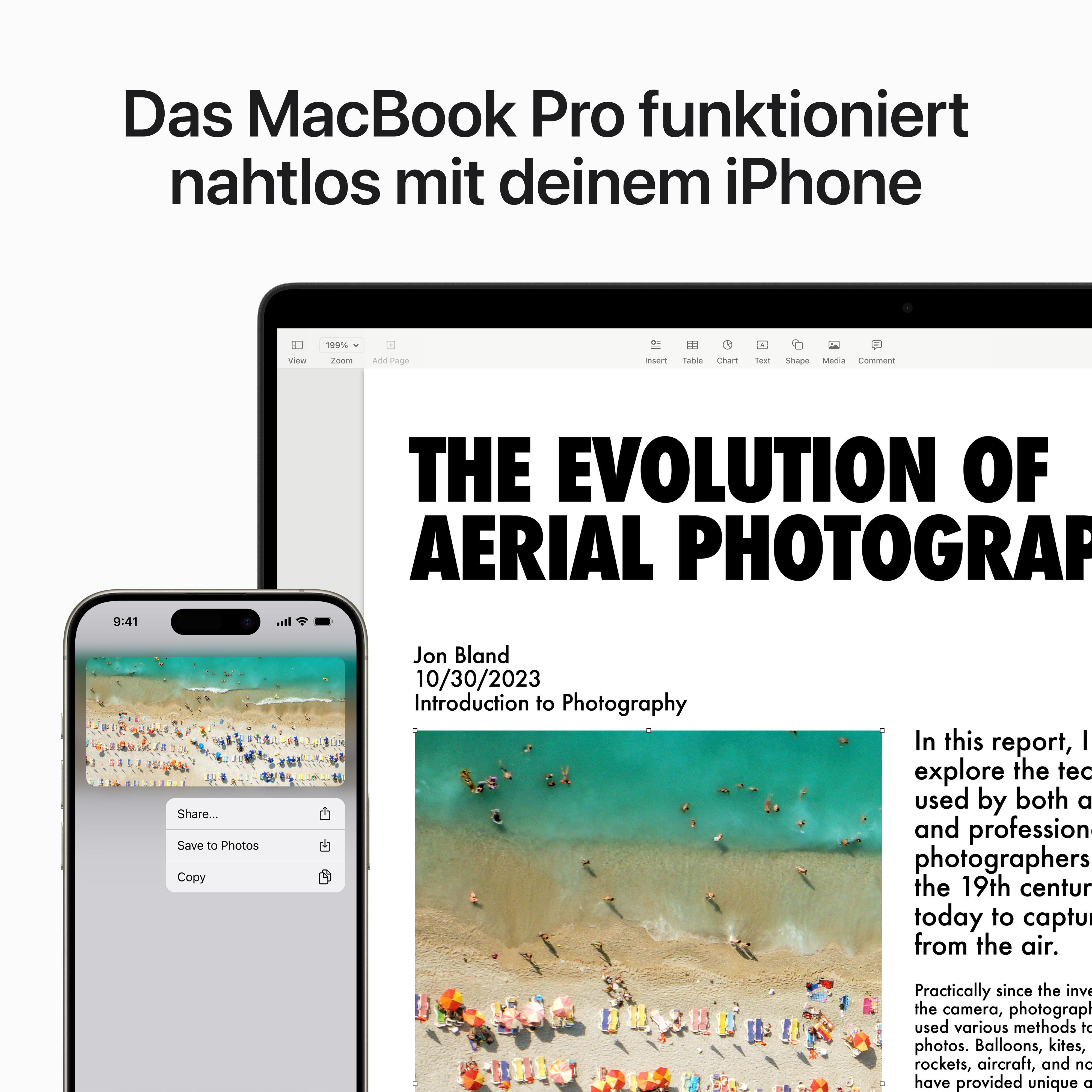 Ein MacBook Pro und ein iPhone. Das iPhone zeigt eine Strandszene, das MacBook ein Dokument.