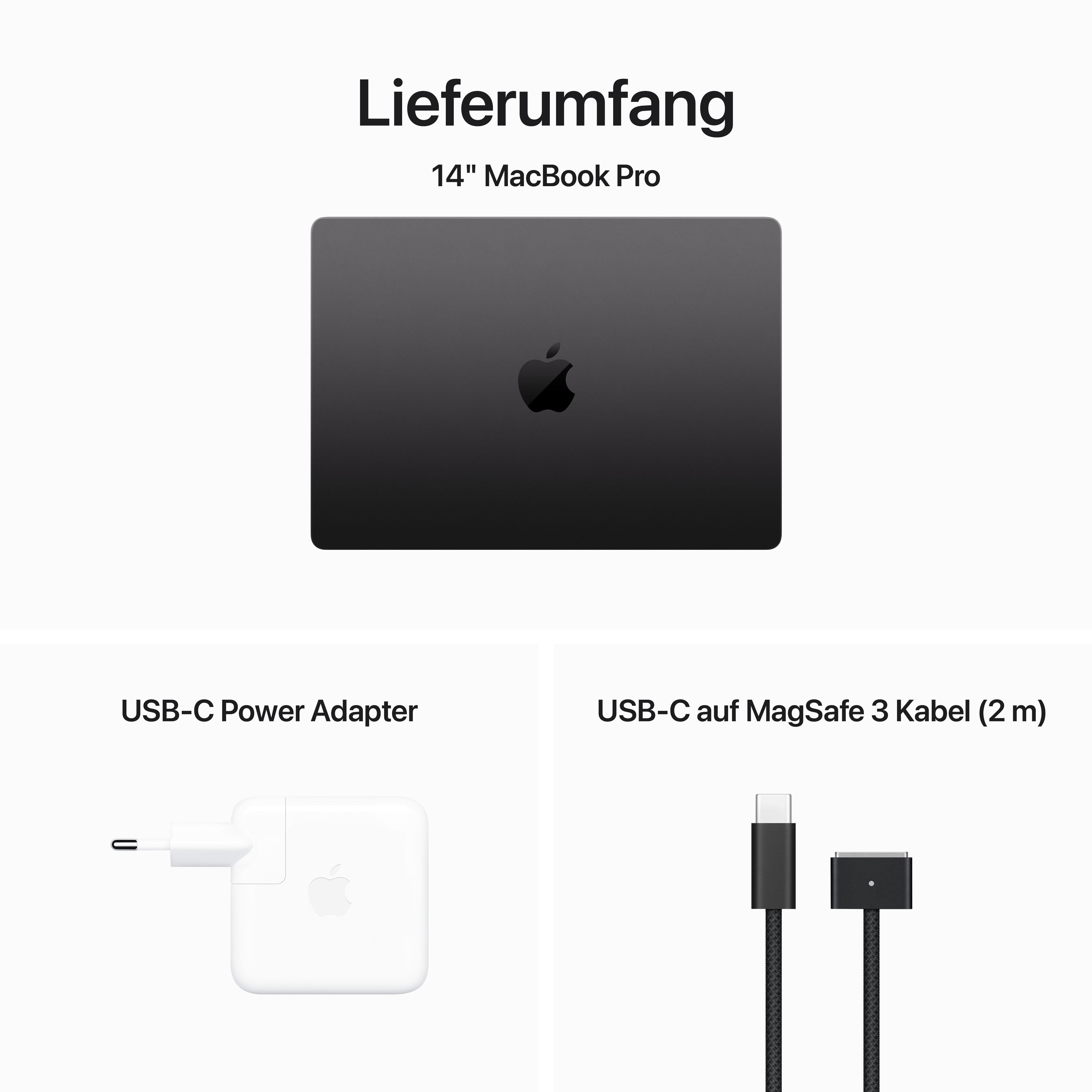 Bild eines MacBook Pro, Netzteil und USB-C-zu-MagSafe-Kabel.