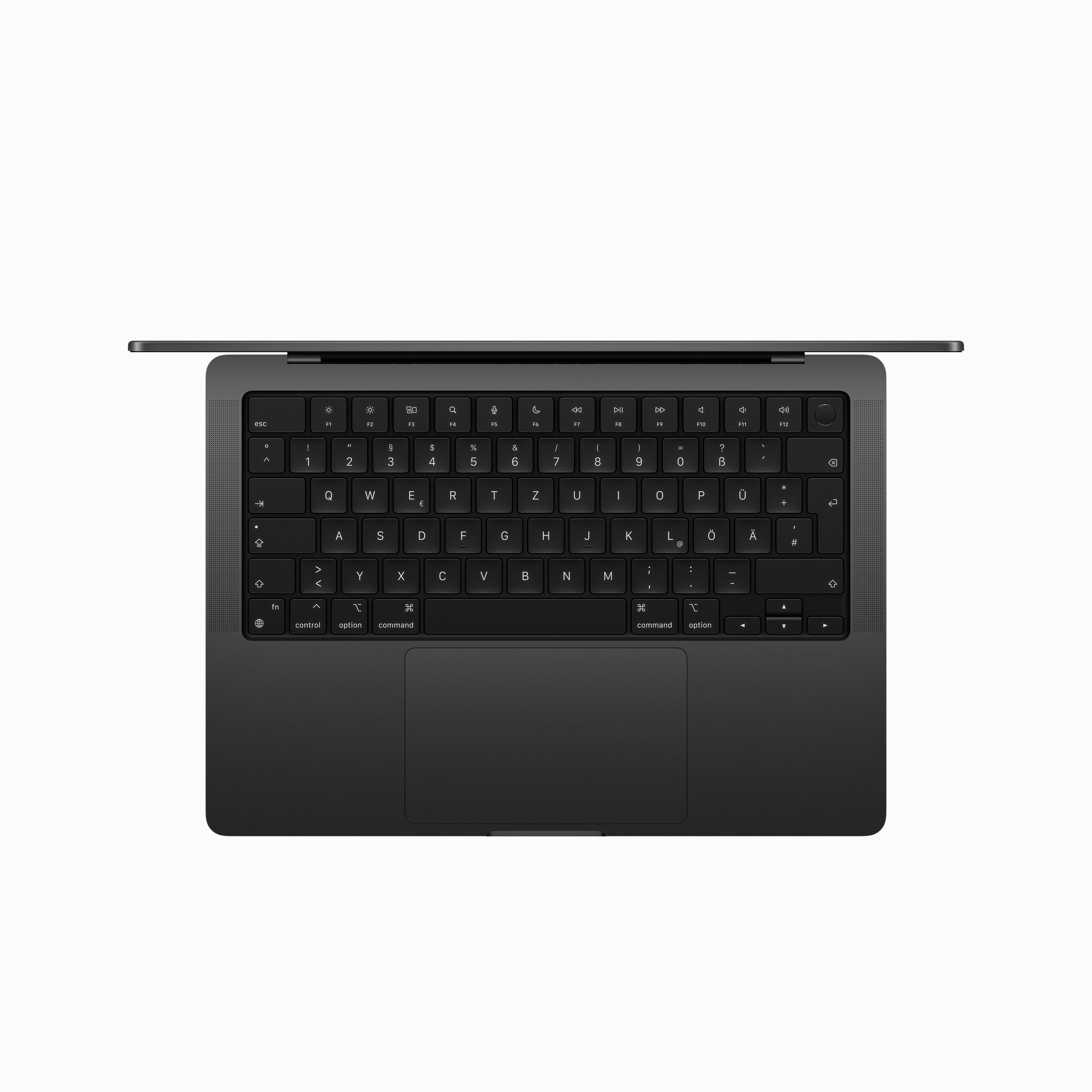 Ansicht der Laptop-Tastatur, von oben. Schwarze Tastatur mit Touchpad, Standardlayout.