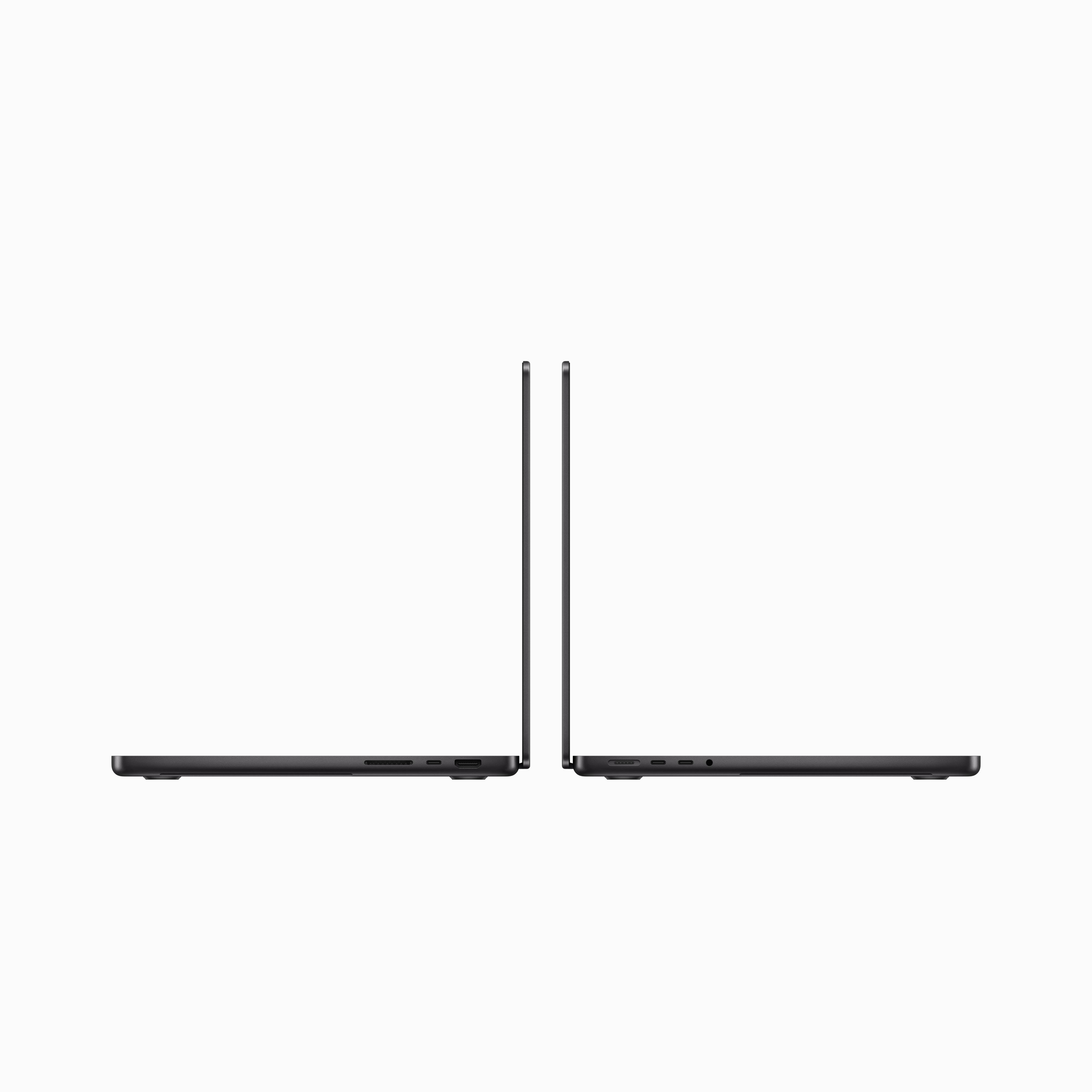 Zwei schwarze Laptops im Seitenprofil, offen. Zeigen Anschlüsse an der Seite.