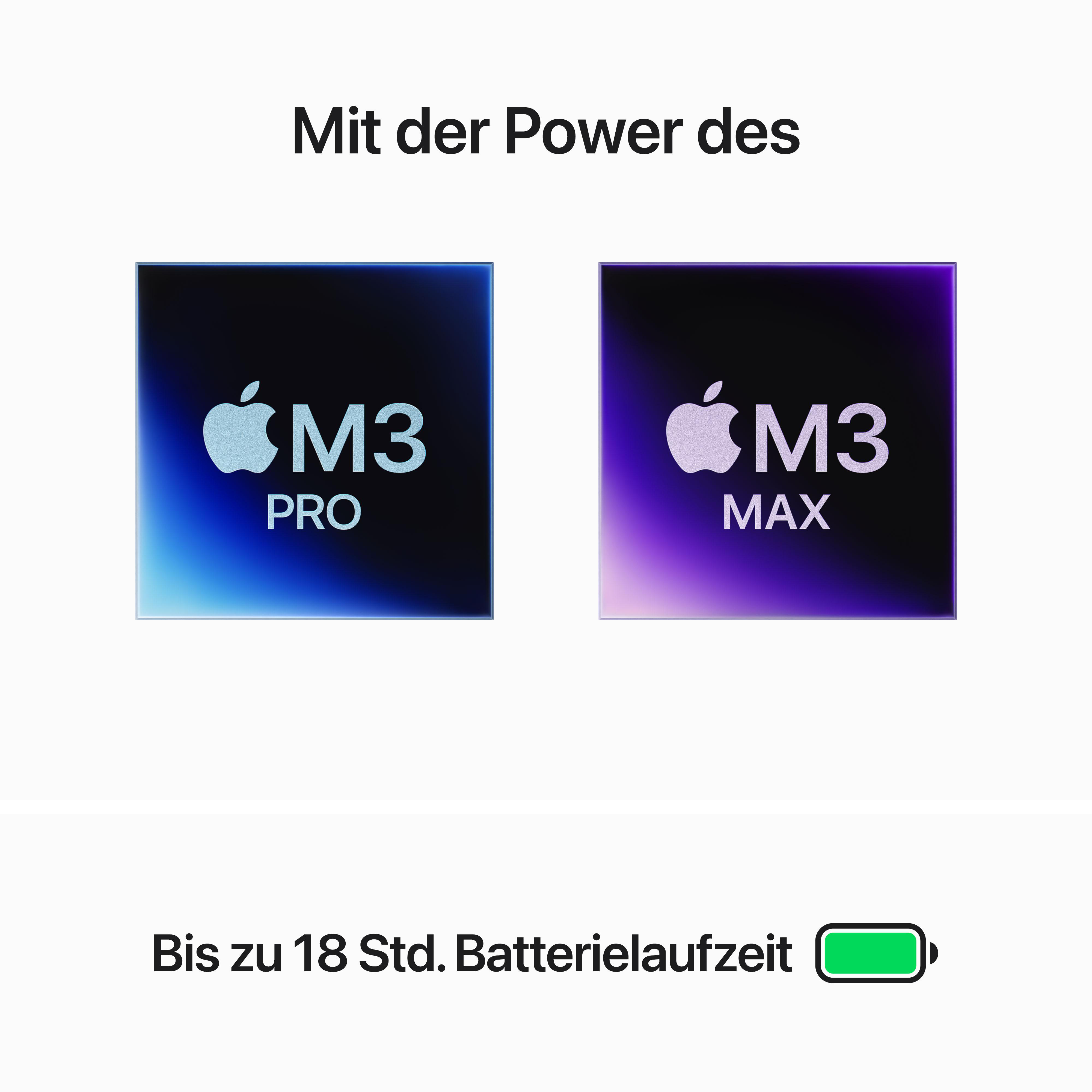 Zwei Apple M3 Pro und M3 Max Chips. Text sagt 'Mit der Power des' (mit der Leistung von) und Akkulaufzeit.