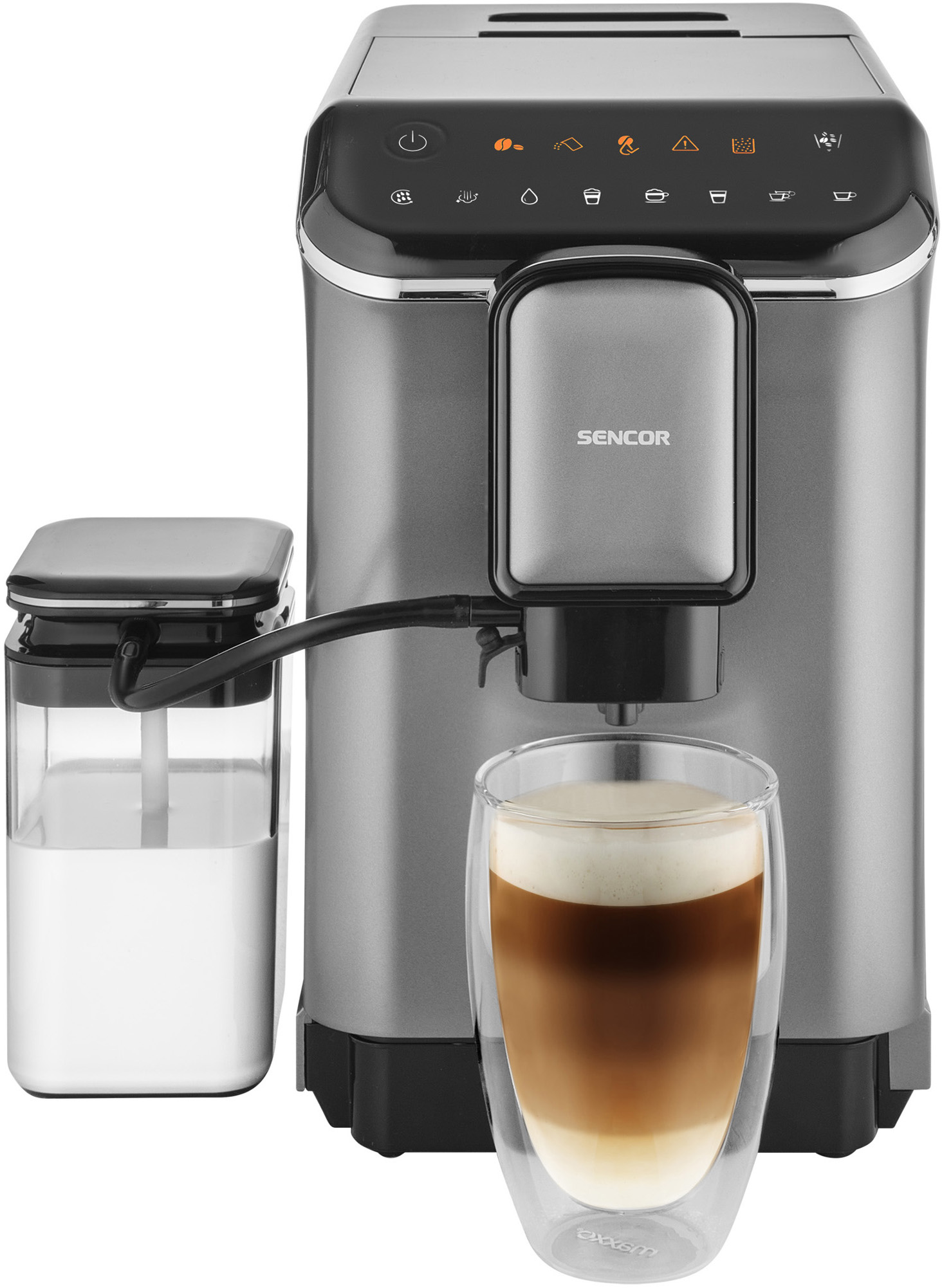 Egy ezüst és fekete Sencor kávéfőző üveg latte pohárral és cukortartóval.