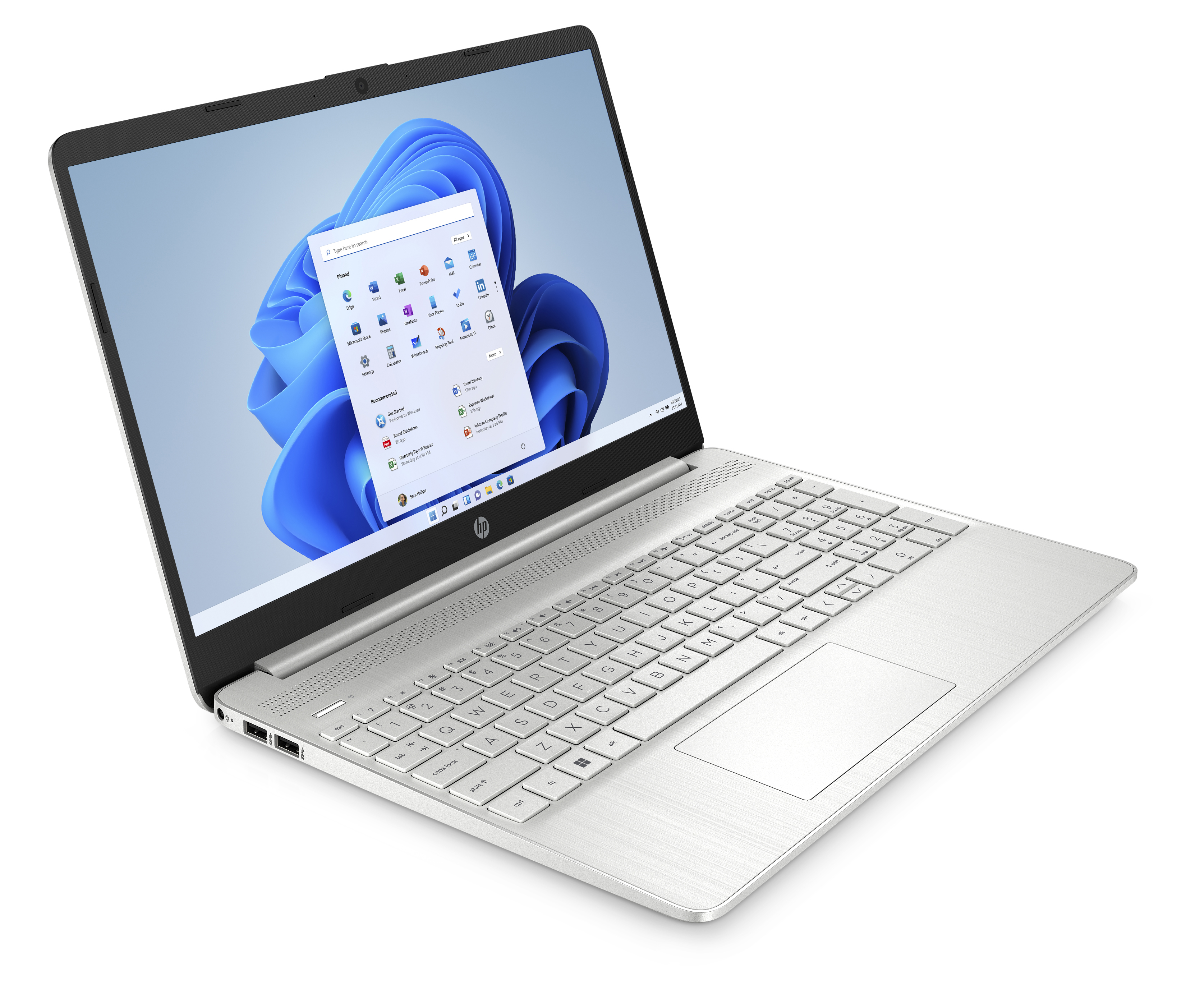 Portátil plateado con pantalla brillante, teclado y panel táctil sobre superficie blanca.