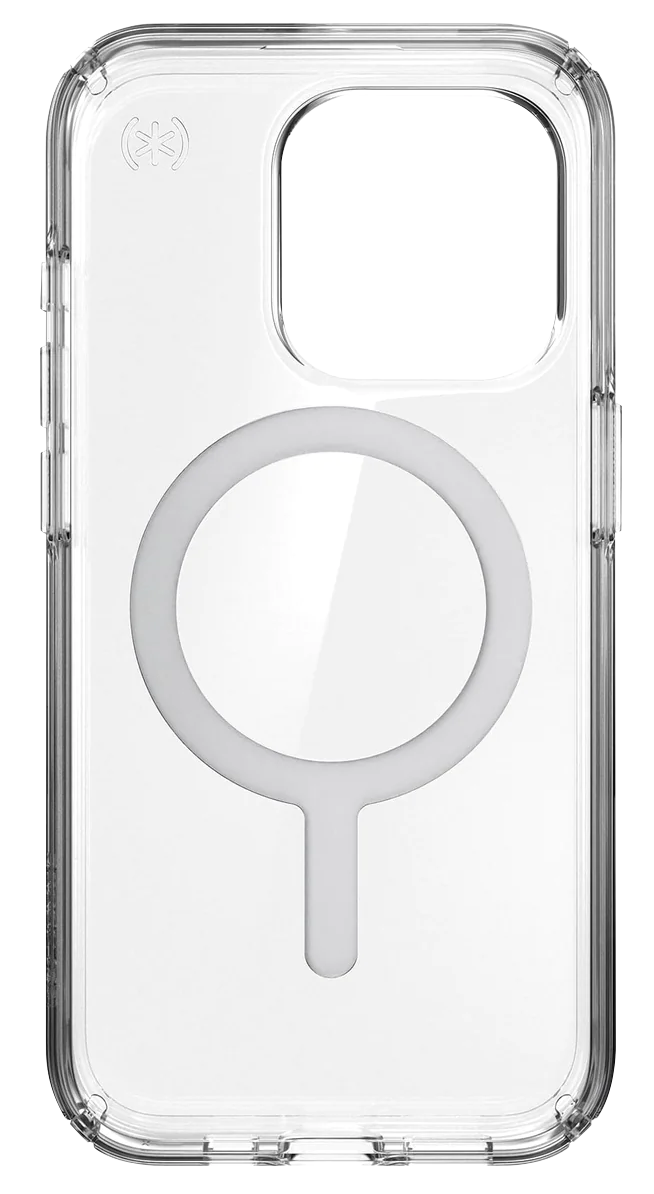 Átlátszó iPhone tok fehér MagSafe gyűrűvel és márkajelzéssel, feketén izolálva.