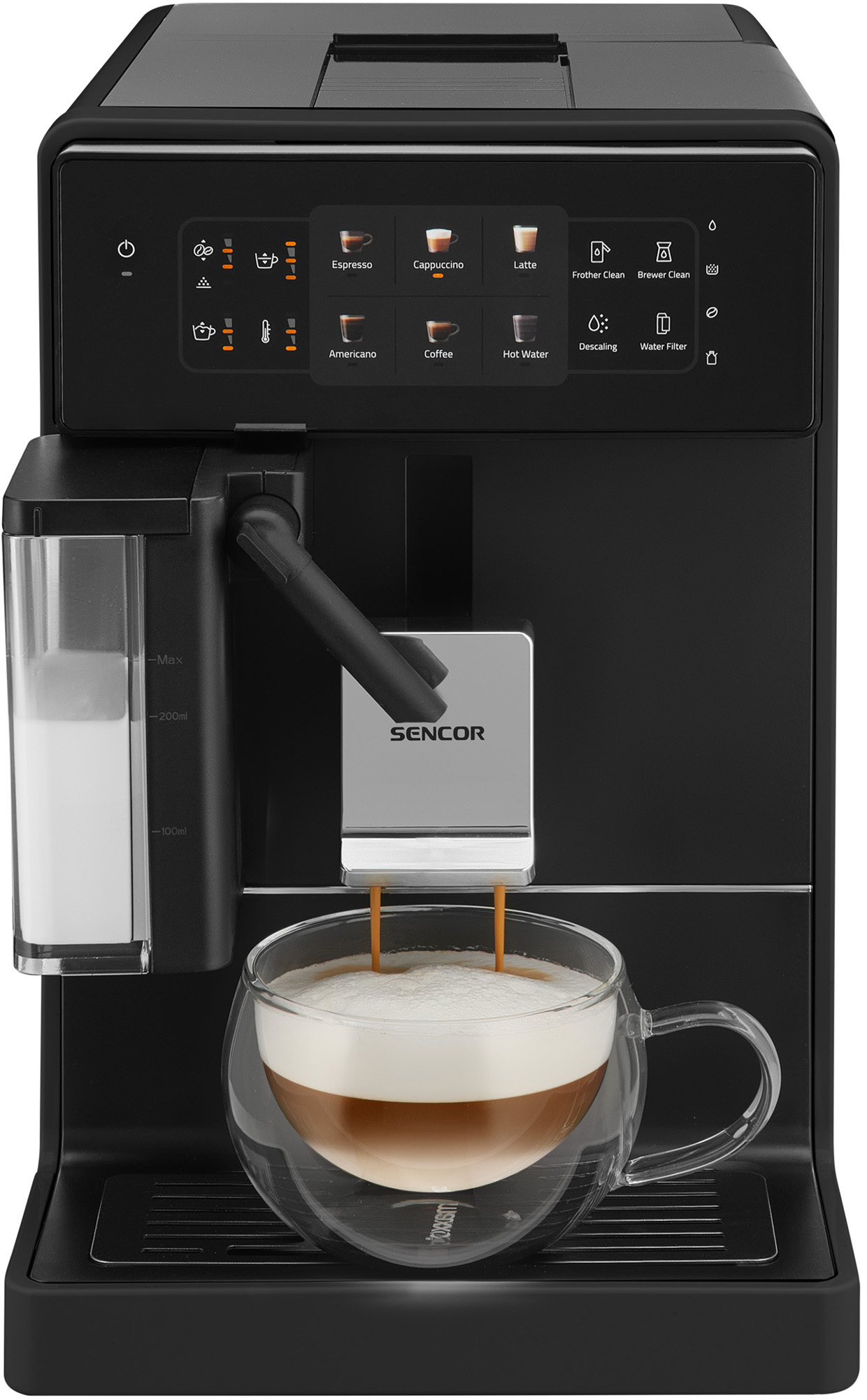 Fekete kávéfőző üvegpohárral, cappuccino-t tölt habbal.