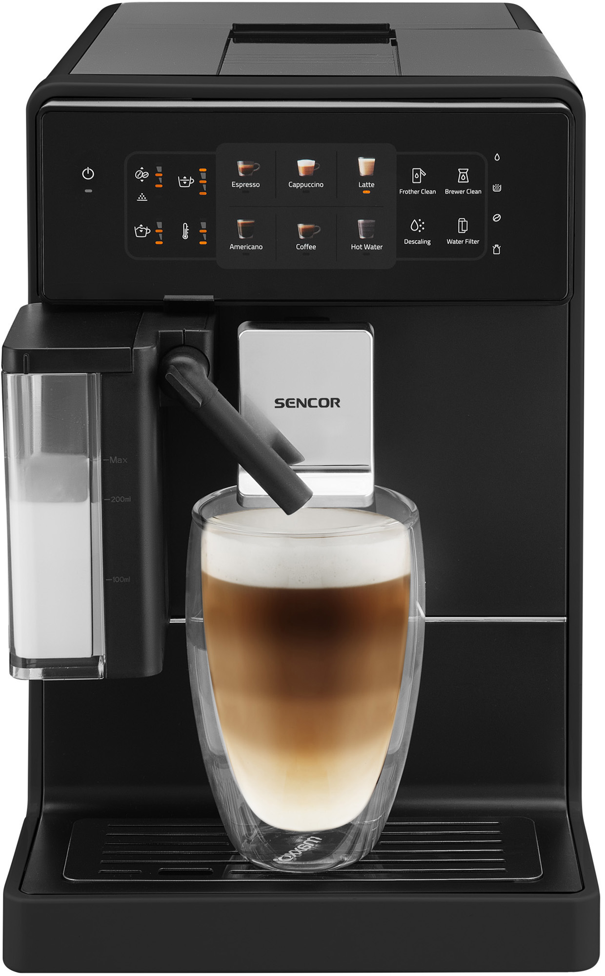 Fekete kávéfőző, latte-val a pohárban. Érintőképernyős kijelző.