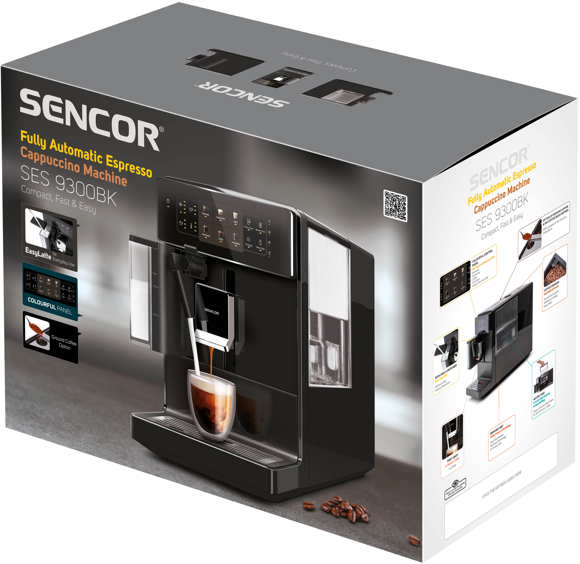 Teljesen automata eszpresszó cappuccino gép a csomagolásában, a termék jellemzőivel.