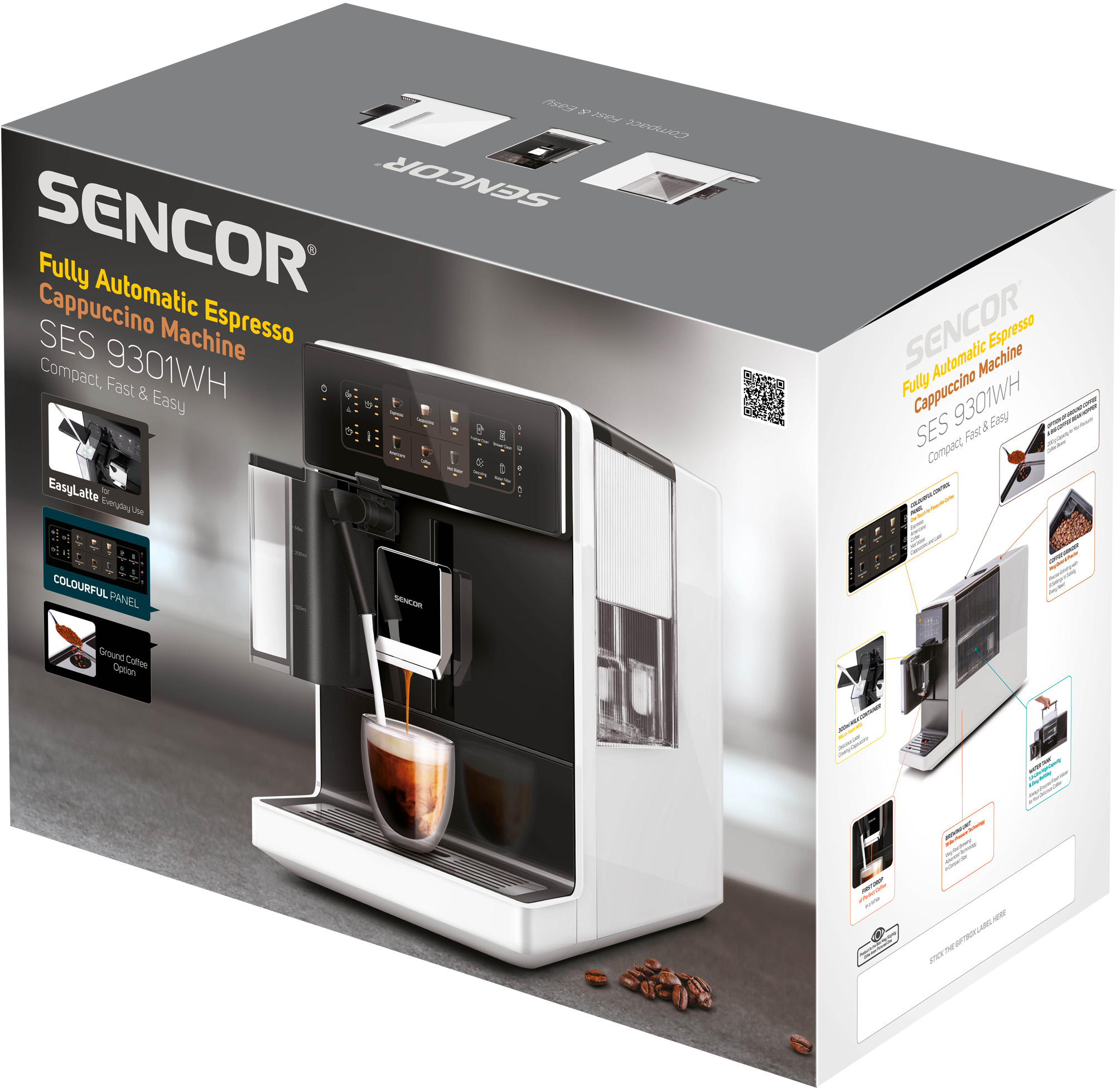 Egy SENCOR cappuccino gép doboza. A doboz a gépet, diagramokat és funkciókat mutat fehér háttéren.