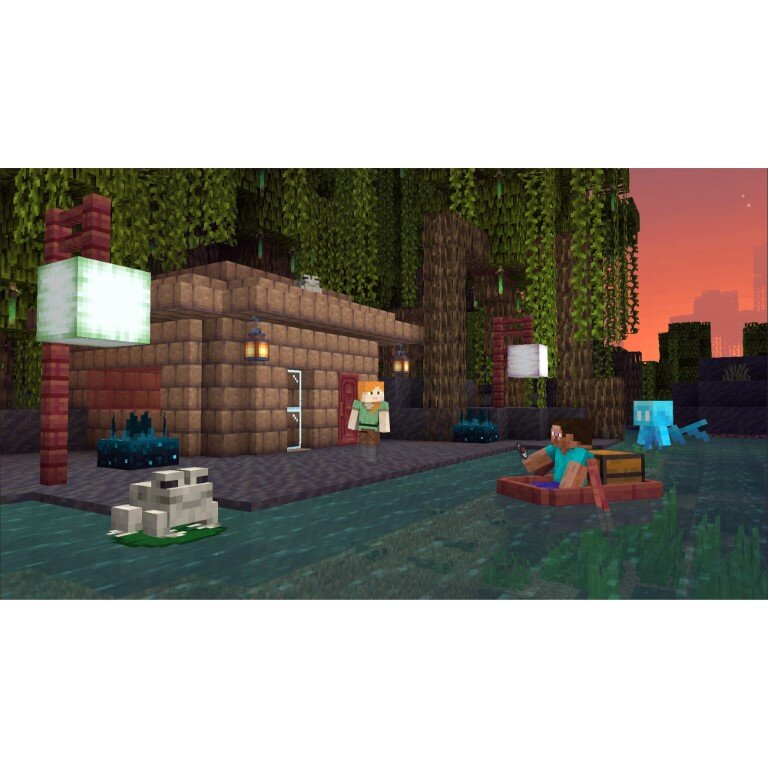 Scena z Minecraft: pikselowy dom, postacie w środowisku bagiennym z żabą.