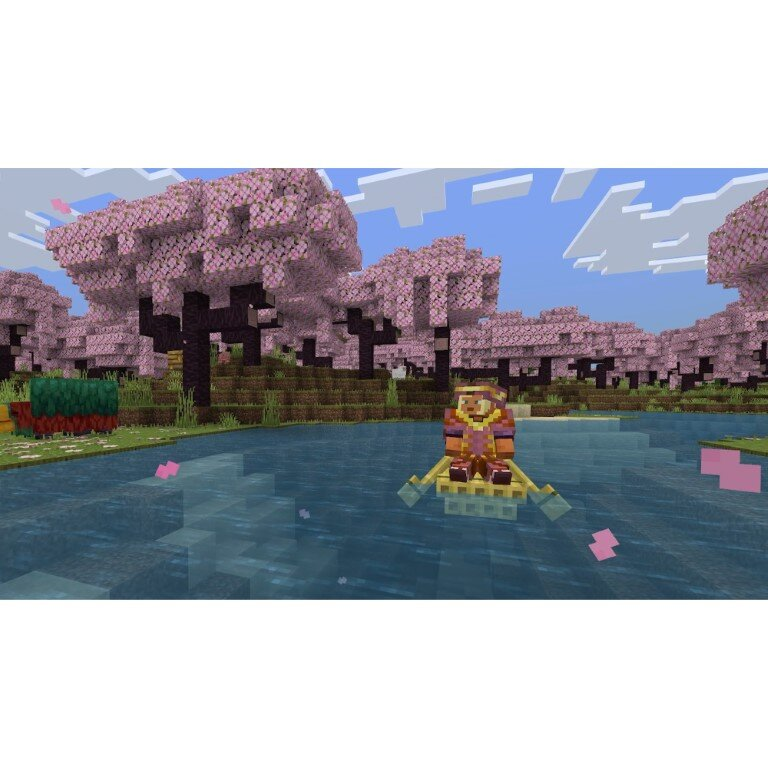 Scena z Minecraft z wiśniowymi drzewami, osoba w łodzi na wodzie.