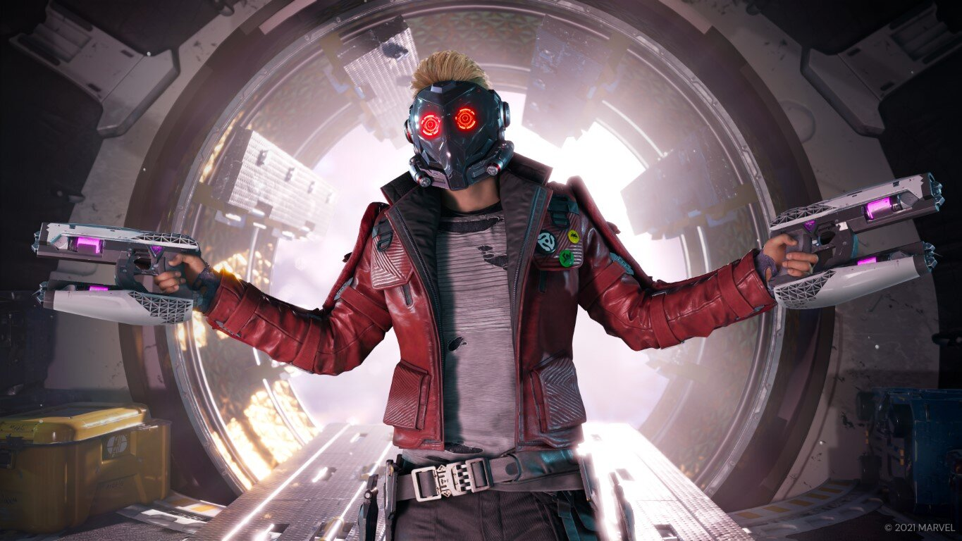 Star-Lord w futurystycznym hełmie, trzymający dwa blastery.