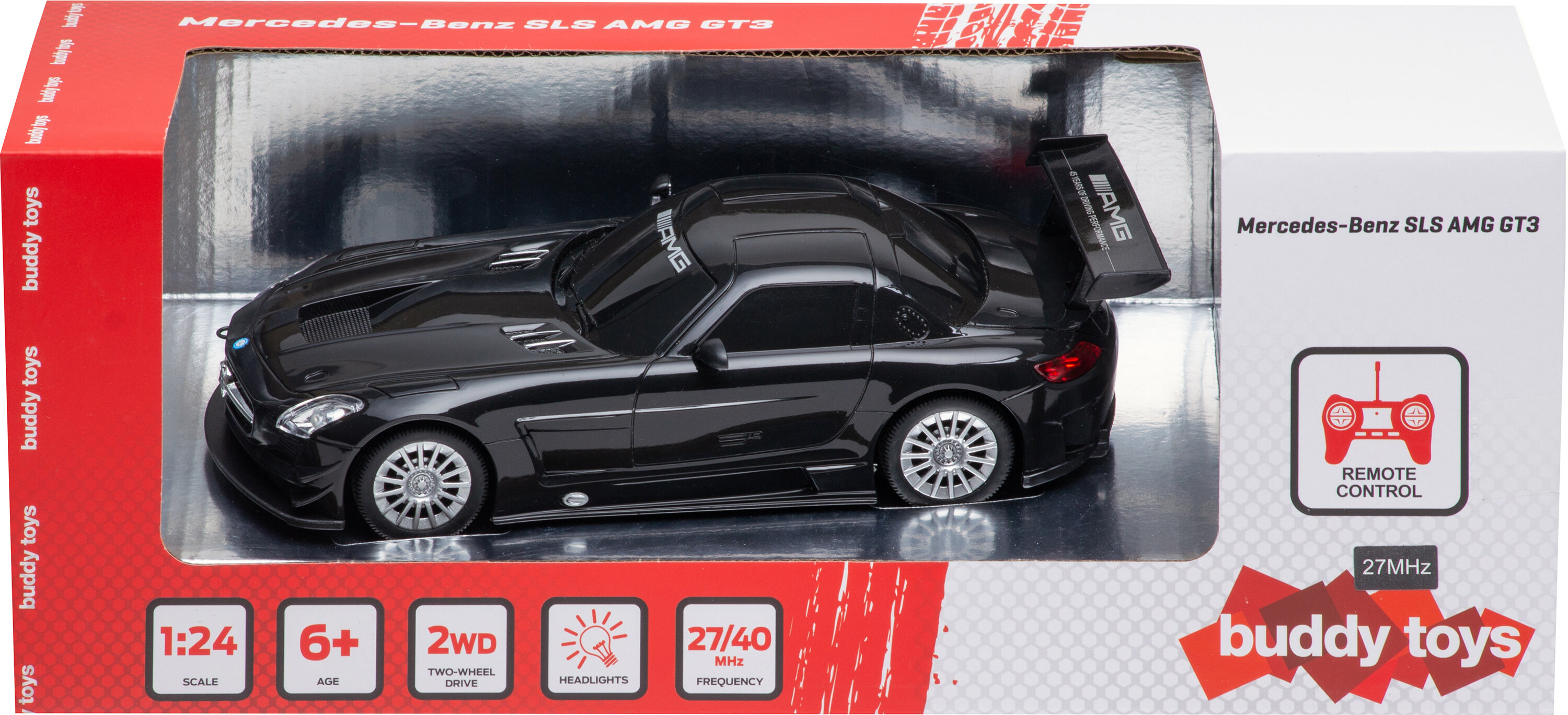 Czarny samochodzik Mercedes-Benz SLS AMG GT3 w pudełku, z etykietą pilota.